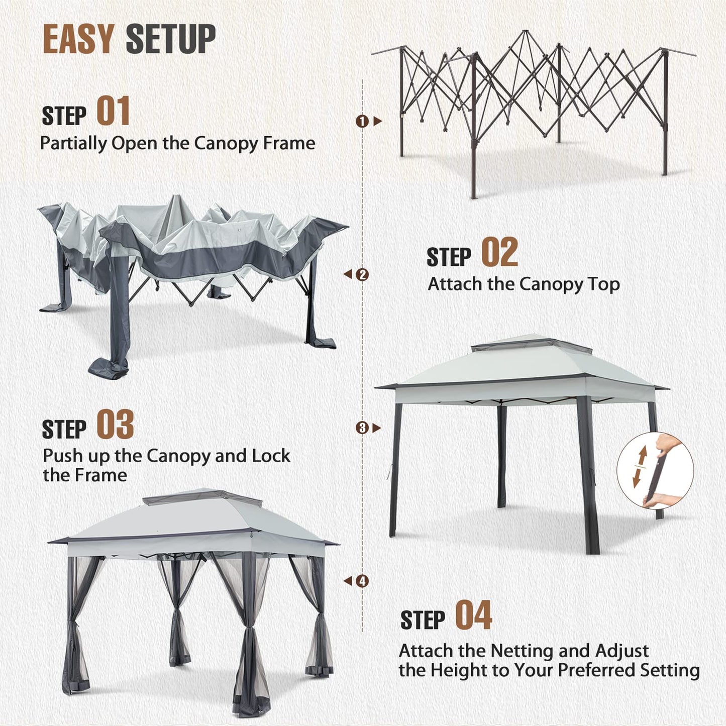 INTER HUT 11x11 Pop Up Gazebo Tent with Mesh Netting, Instant Outdoor Canopy with UPF 50+ UV Protection, Water Resistant, Gray
