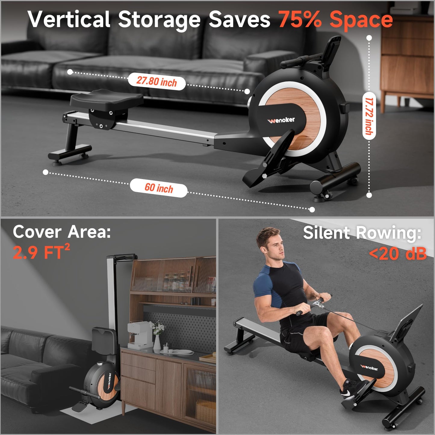 WENOKER Rowing Machine, Magnetic Rowing Machine for Home, Upgraded 32-Levels Resistance with Smart Electronic Knob, 350 LBS Weight Capacity, Compact Rower Machine Easy Assembly, App Supported