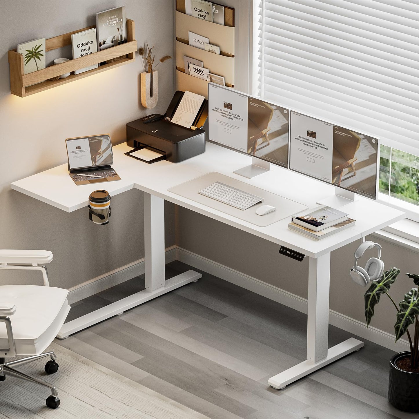 Muvai 59 Inch L Shaped Standing Desk Adjustable Height with Cable Management Tray,Gaming Electric Corner Standing Desk, Sit Stand Computer Table with Reversiable Splice Board,White
