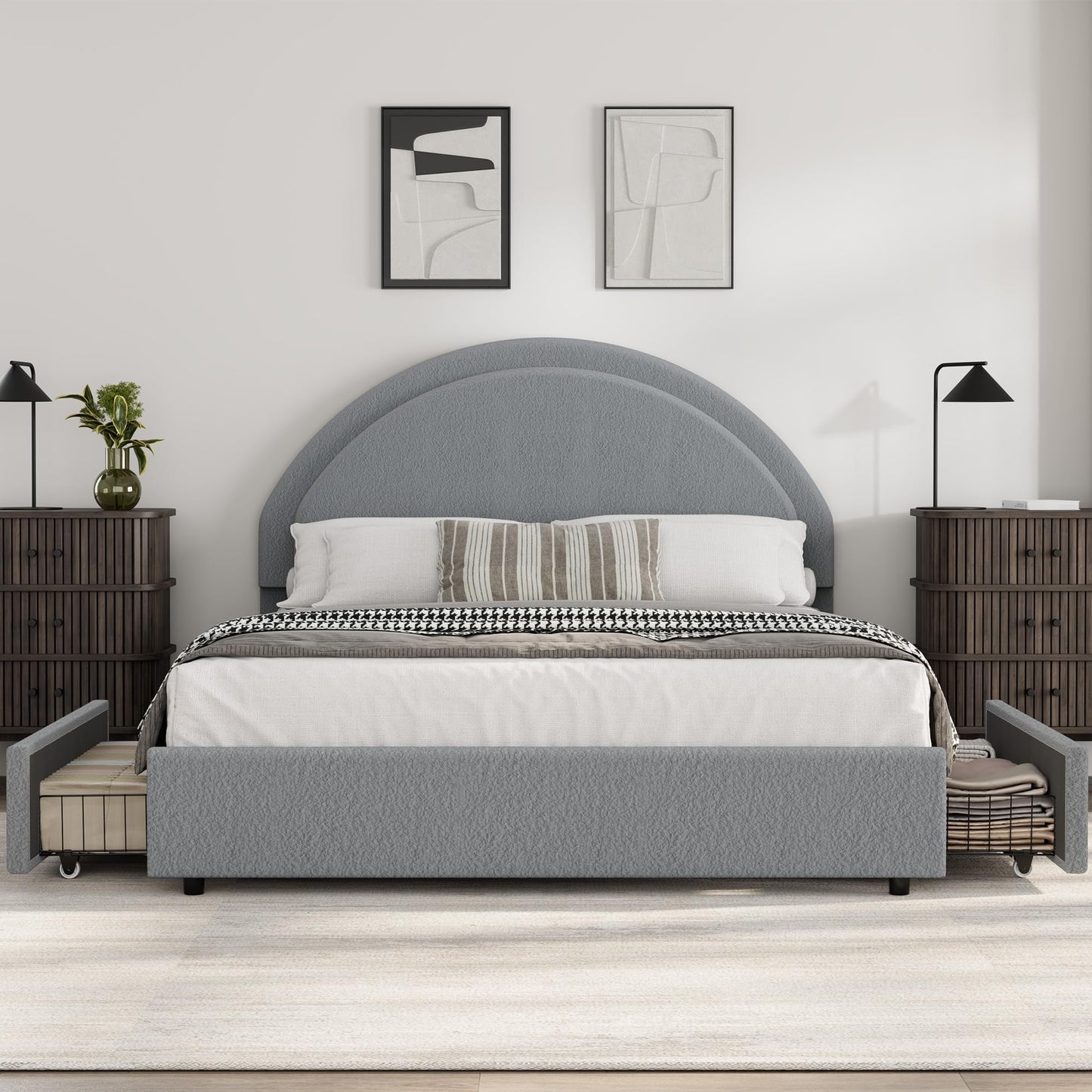 Garvee Queen Size Bed Frame with Storage Drawers, Upholstered Boucle Platform Bed with Round Headboard, Heavy Duty & Noise Free, No Box Spring Needed, Grey