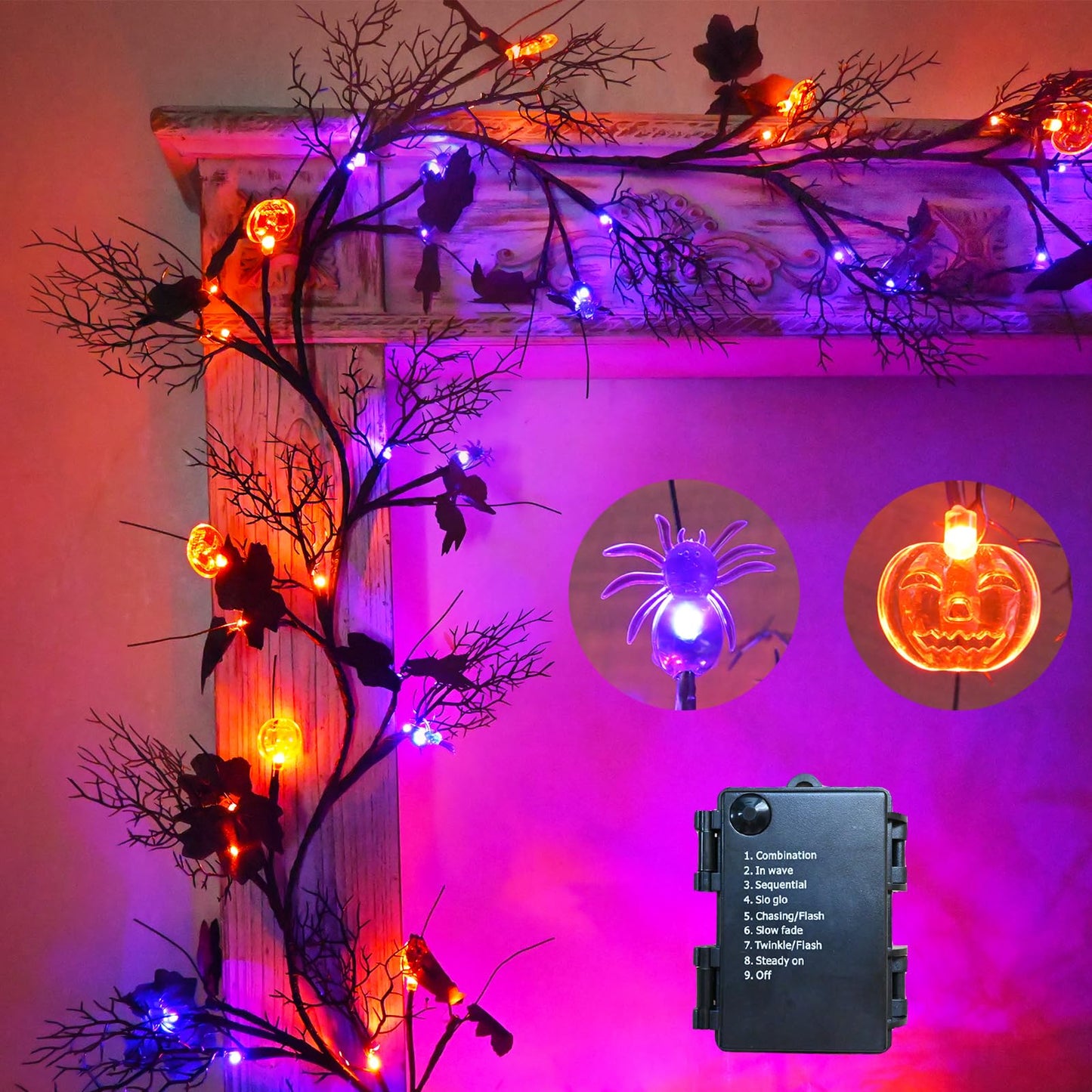 PALONMY Halloween Garland Lights, 8.86FT, 72LED, Plastic, Orange & Purple, with Pumpkins, Spiders, Black Leaves, Indoor/Outdoor Decor