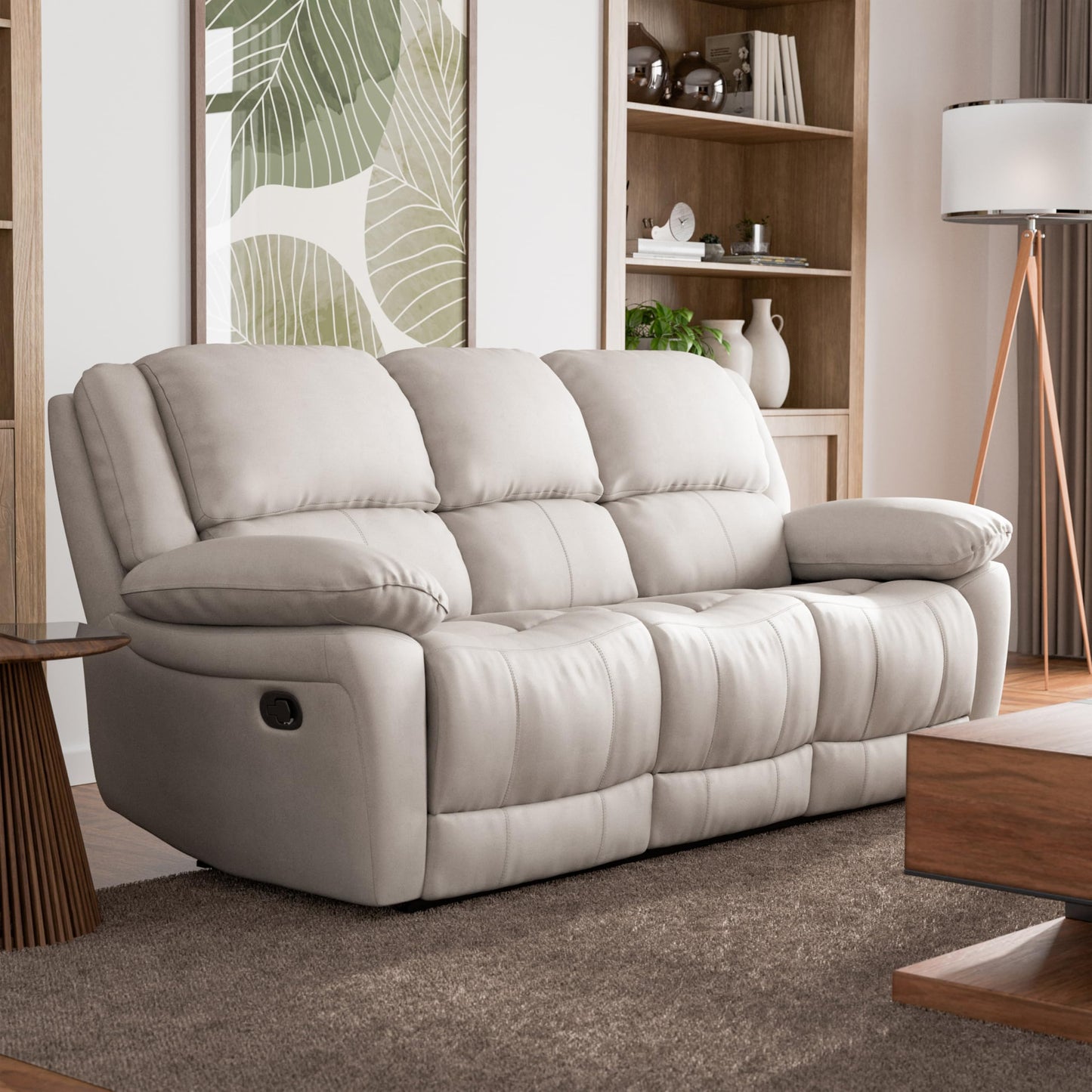 Furniture of America Sorin Modern Leather Recliner Sofa with Pillow Armrests and High Density Foam, Reclining Sectional Couch for Living Room, Office, Home Theater, FSC Certified, Off-White
