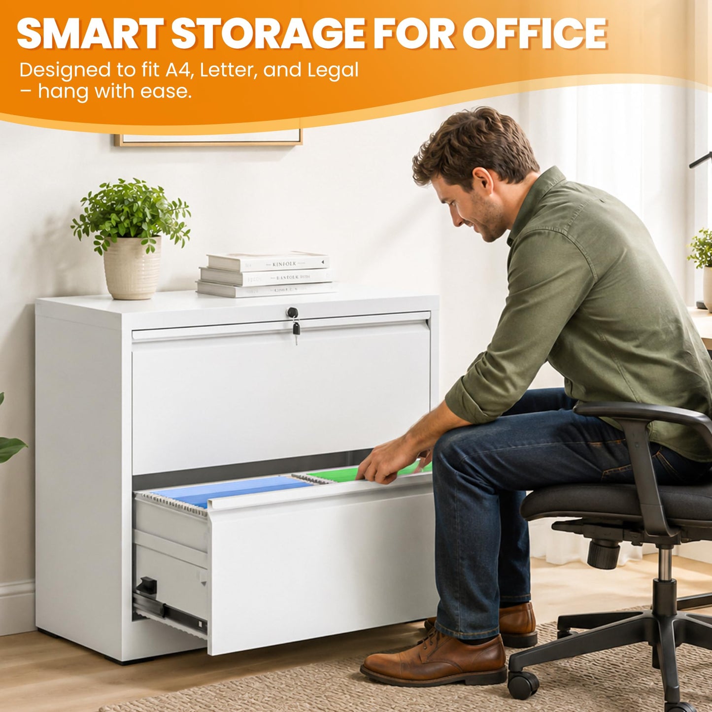 2 Drawer Lateral File Cabinet with Lock, Metal File Cabinets for Home Office, Office Furniture for Organization Hanging Legal/Letter/A4, Metal Filing Cabinet Storage Cabinet, Require Assembly, White