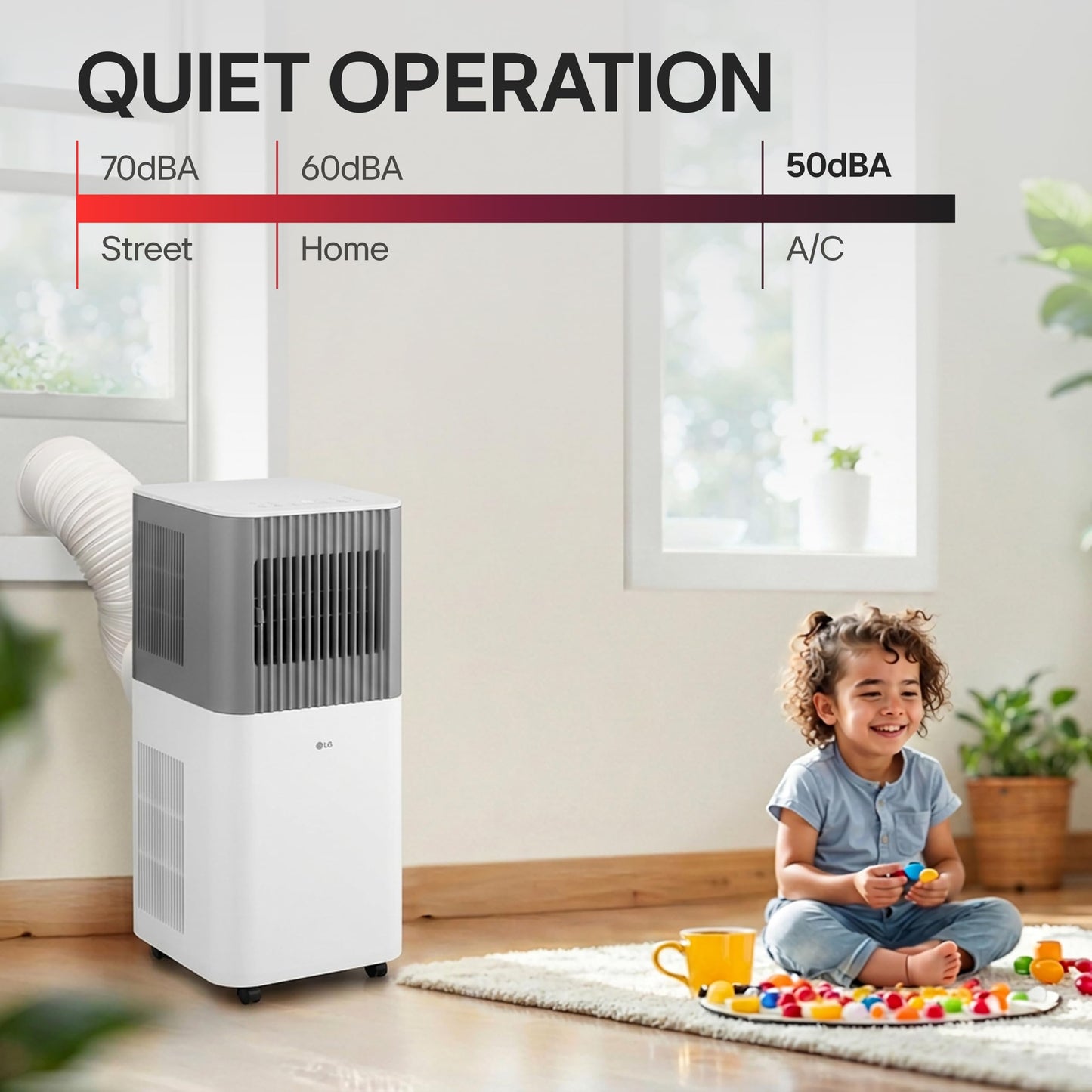 LG 5,000 BTU SACC (8,500 BTU ASHRAE) Portable Air Conditioner, 115V, Cools 150 Sq.Ft. (10' x 15' Room Size), Quiet Operation, LCD Remote Control, and Window Installation Kit, White & Gray