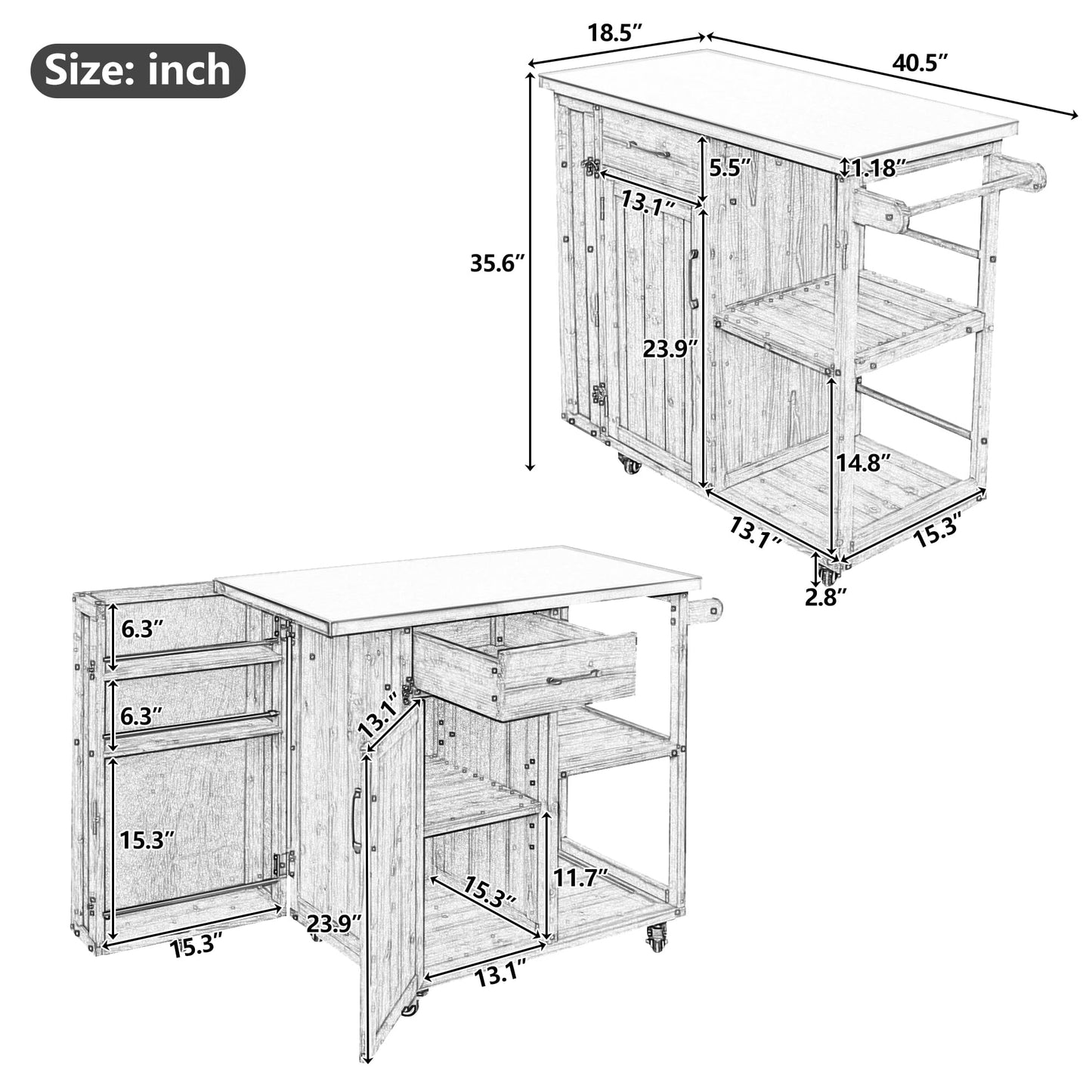 Outdoor Kitchen Island Cart with Stainless Steel Top, Rolling Grill Table with Storage Cabinet Drawer Shelves & Towel Rack, Wooden BBQ Prep Station with Lockable Wheels for Patio Backyard, Dark Brown
