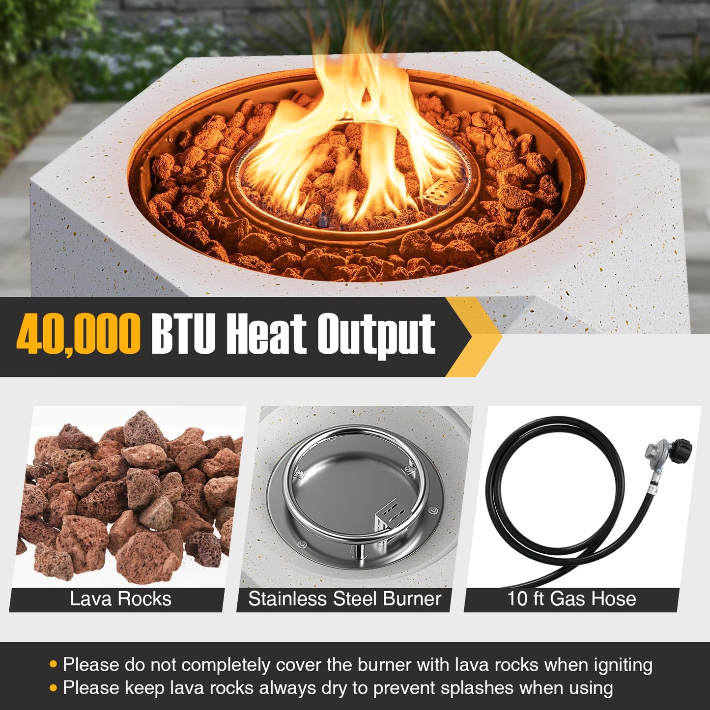 Tangkula Propane Fire Pit Table, 28” Hexagon Terrazzo Gas Fire Pit with Stainless Steel Burner & Lava Rocks, Protective Cover & Tank Seat Included, 40,000 BTU Smokeless Fire Pit for Outside Patio