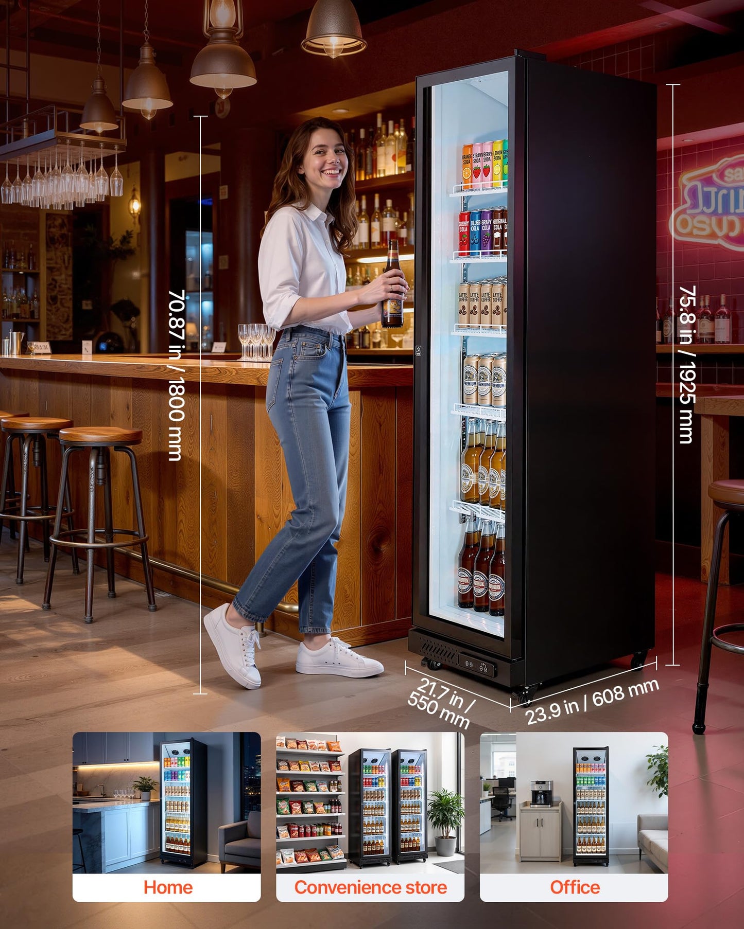 VEVOR Commercial Merchandiser Refrigerator, 12.4 Cu.Ft / 350 L Glass Door Display Refrigerator, Upright Beverage Cooler Fridge with 5 Adjustable Shelves, Soft LED Light & Casters for Homes Shops Bars