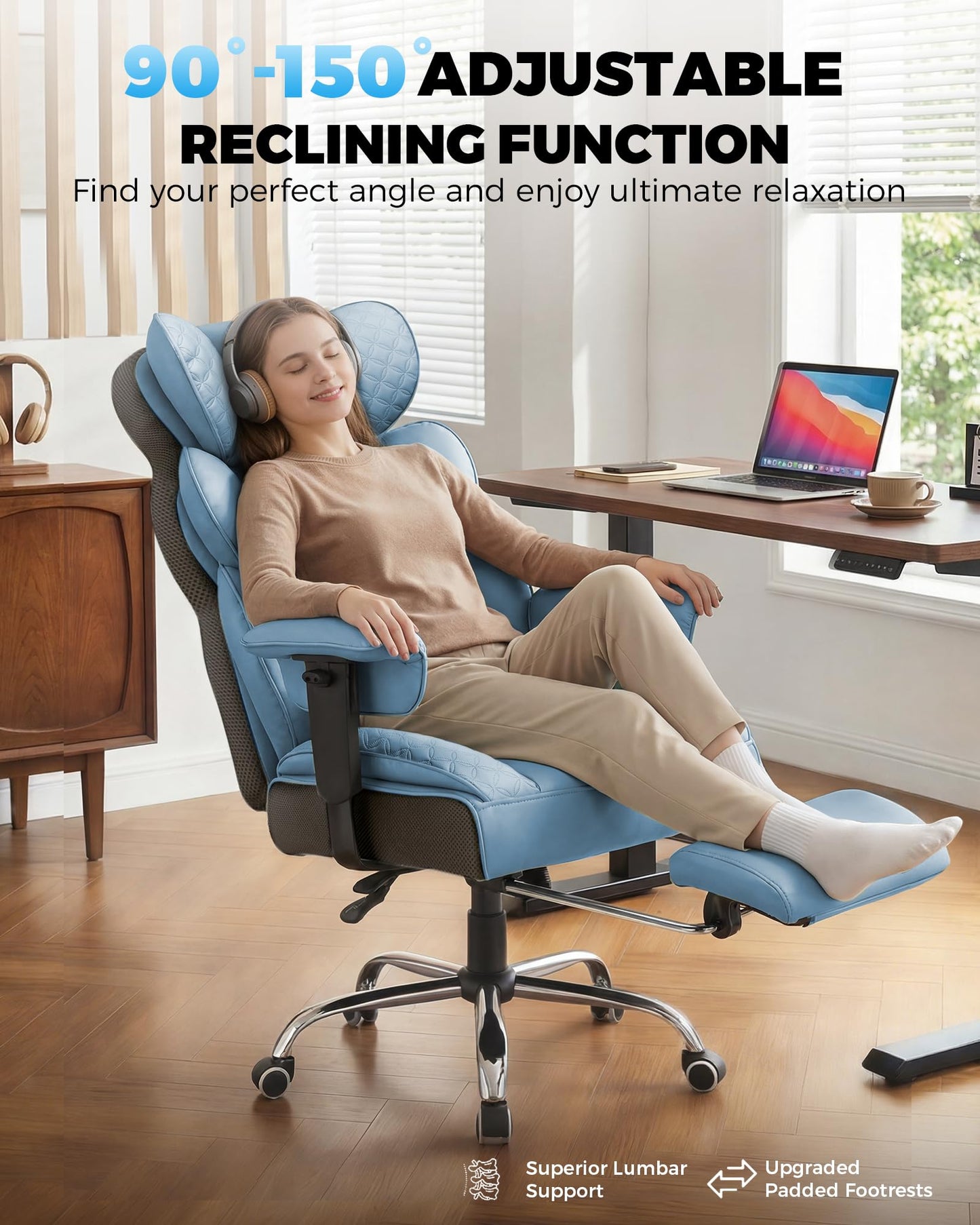 COMHOMA Big and Tall Office Chair with Upgrade Footrest, Heavy Duty Gaming Chair High Back Executive Chair with Spring Lumbar Support for Lower Back Pain Relief, 150°Reclining Adjustable Armrests