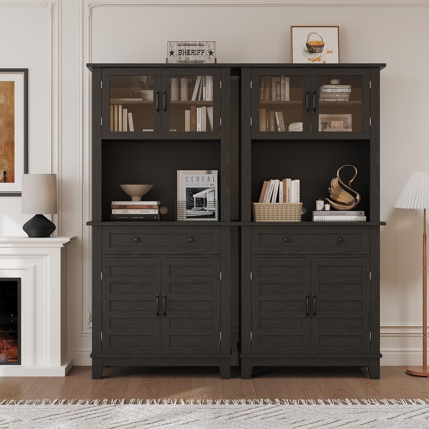 GarveeHome 72 in Tall Kitchen Pantry Cabinet, Kitchen Hutch Bar Cabinet with Microwave Stand, Cupboard with Drawers Glass Doors for Dining Room, Living Room, Dark Black
