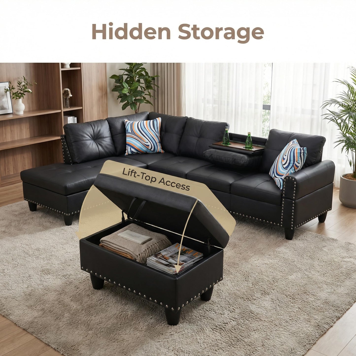 Trygoal Leather 3-Piece L-Shaped Couches for Living Room, Sectional Sofa with Storage Ottoman & Movable Chaise, Modular Convertible Couch for Bedroom & Apartment, Midnight Black
