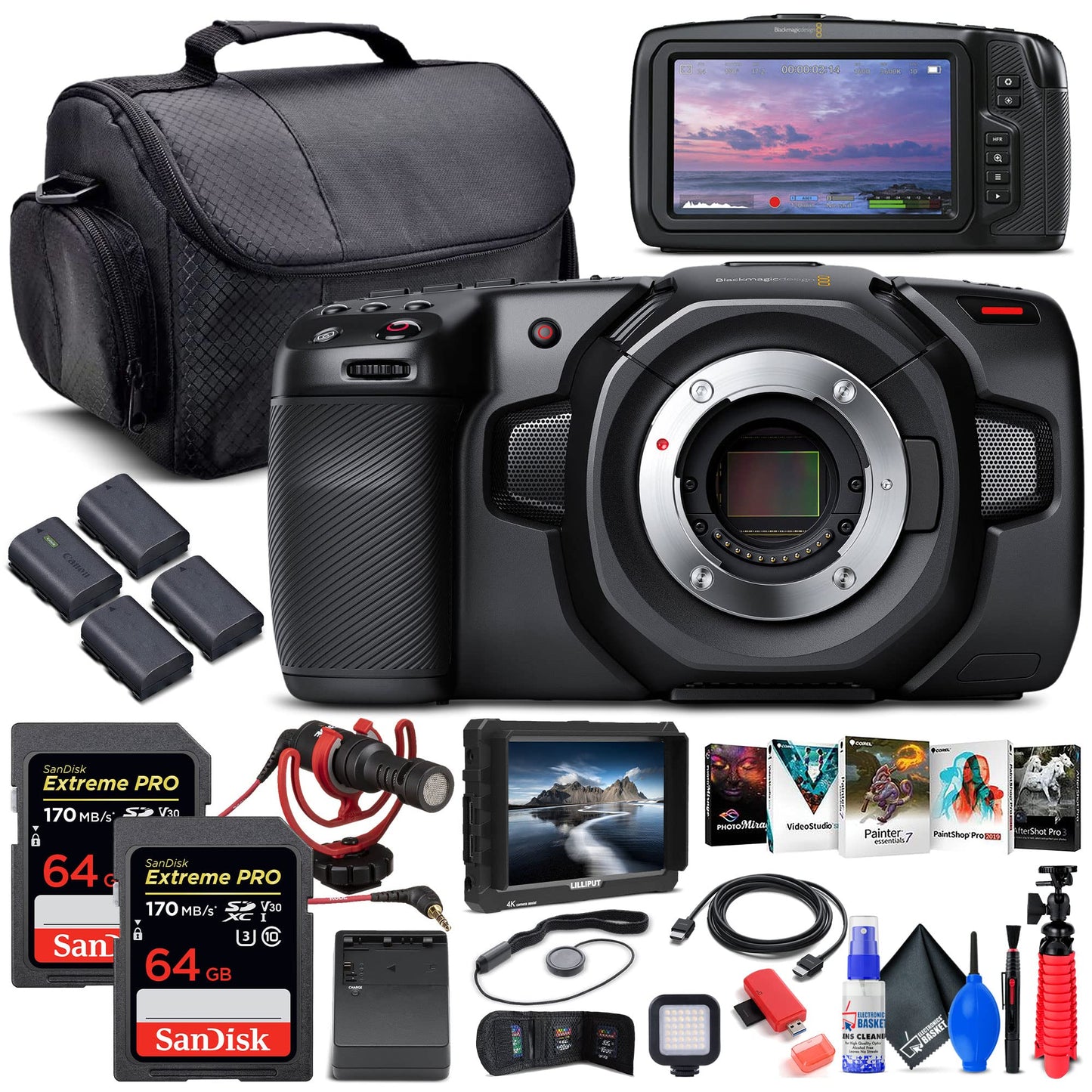 Blackmagic Design Pocket Cinema Camera 4K (CINECAMPOCHDMFT4K) + 4K Monitor + 2 x 64GB Memory Card + 3 x LPE6 Battery + External Charger + Card Reader + LED Light + Corel Photo Software + More