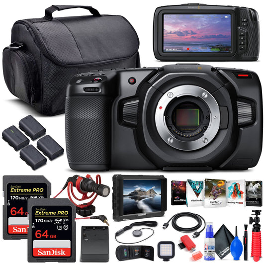 Blackmagic Design Pocket Cinema Camera 4K (CINECAMPOCHDMFT4K) + 4K Monitor + 2 x 64GB Memory Card + 3 x LPE6 Battery + External Charger + Card Reader + LED Light + Corel Photo Software + More
