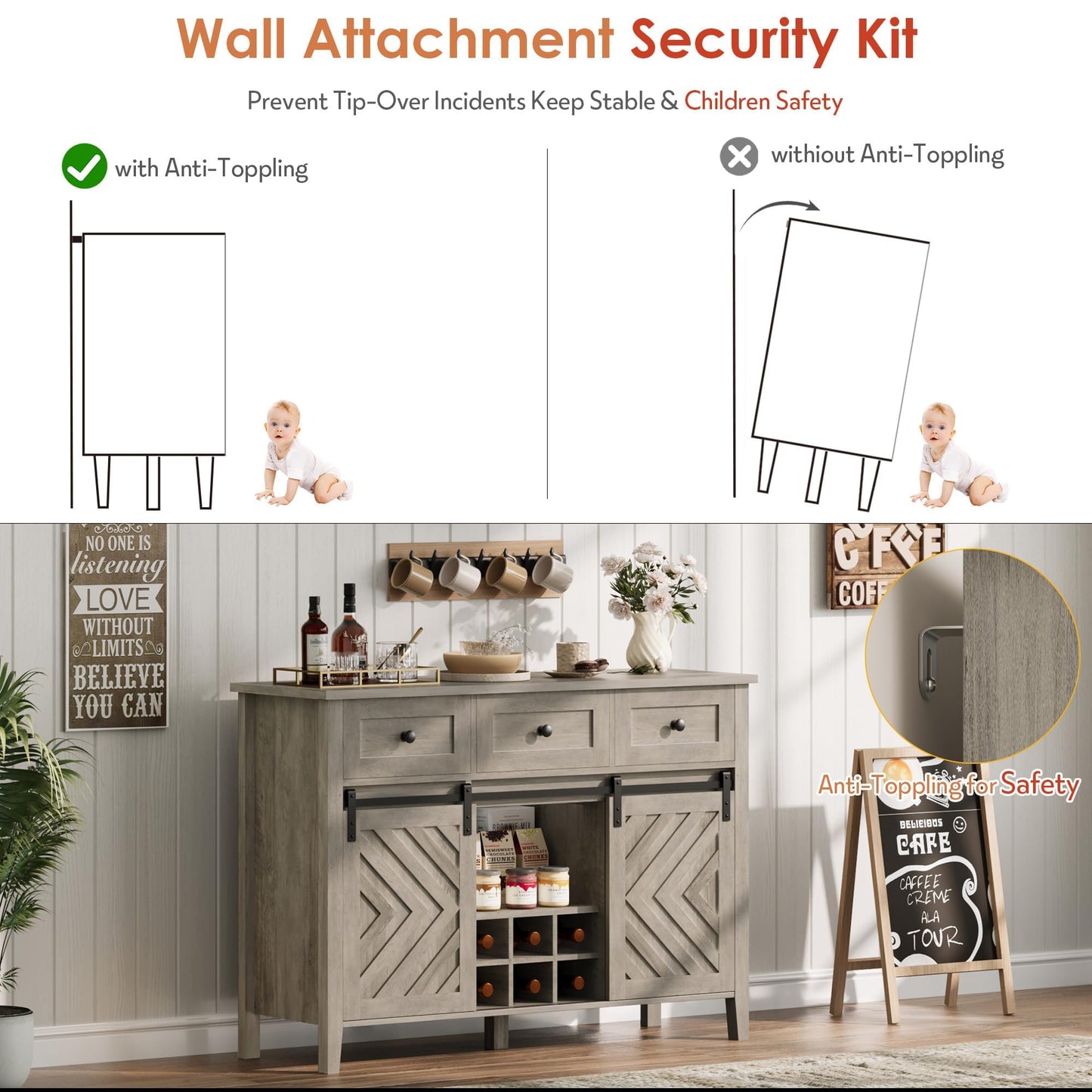 MERXENG 47 in Farmhouse Sideboard Buffet Cabinet with Wine Rack & Drawers, Wood Wine Bar Cabinet with Sliding Barn Doors, Rustic Coffee Station for Dining Room Kitchen Living Room, Grey