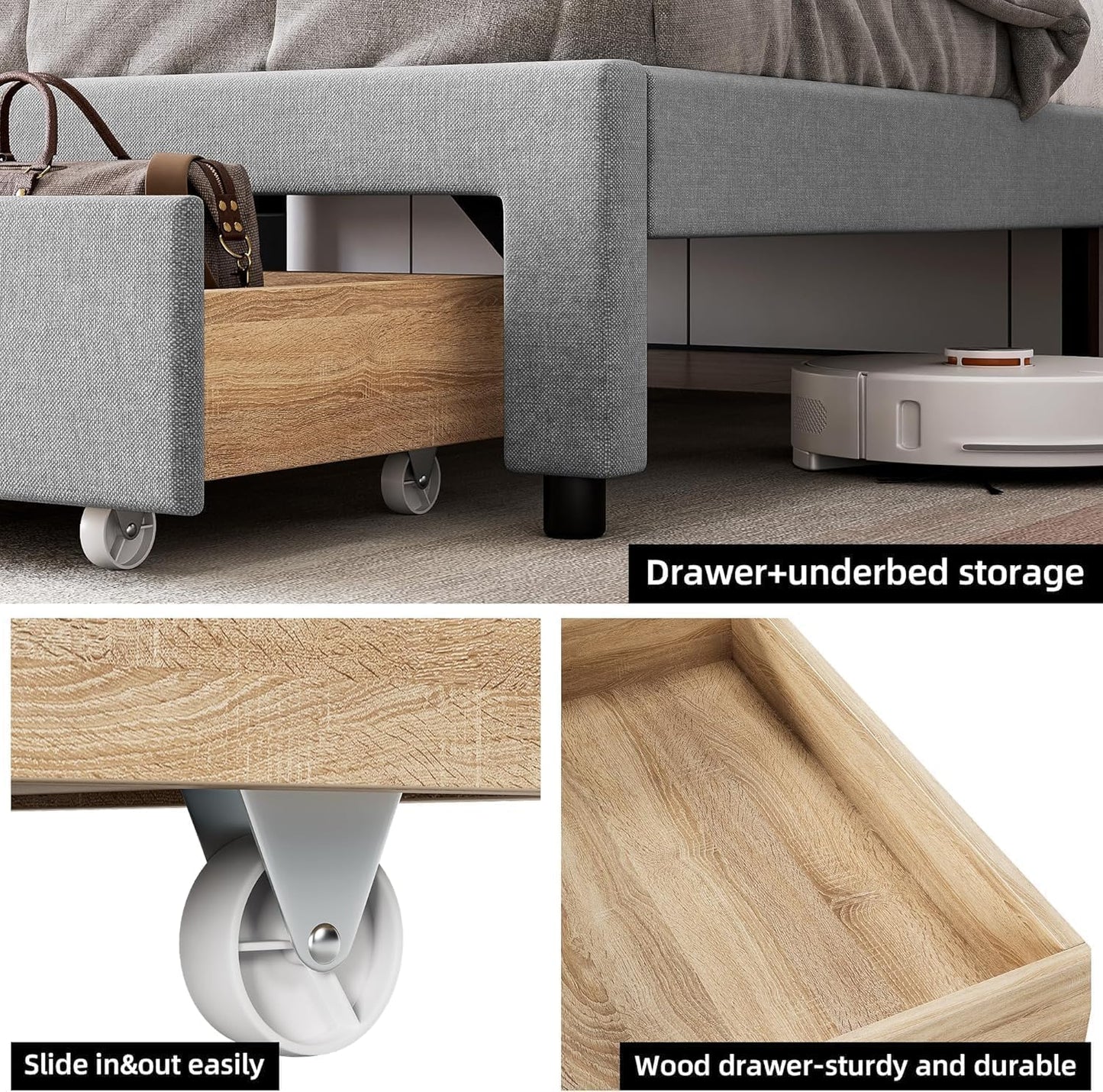 Jojoka Full Size Bed Frame, Upholstered Bedframe with Storage Headboard, Heavy Duty Full Bed with Drawers, Platform Base with Charging Station, Grey