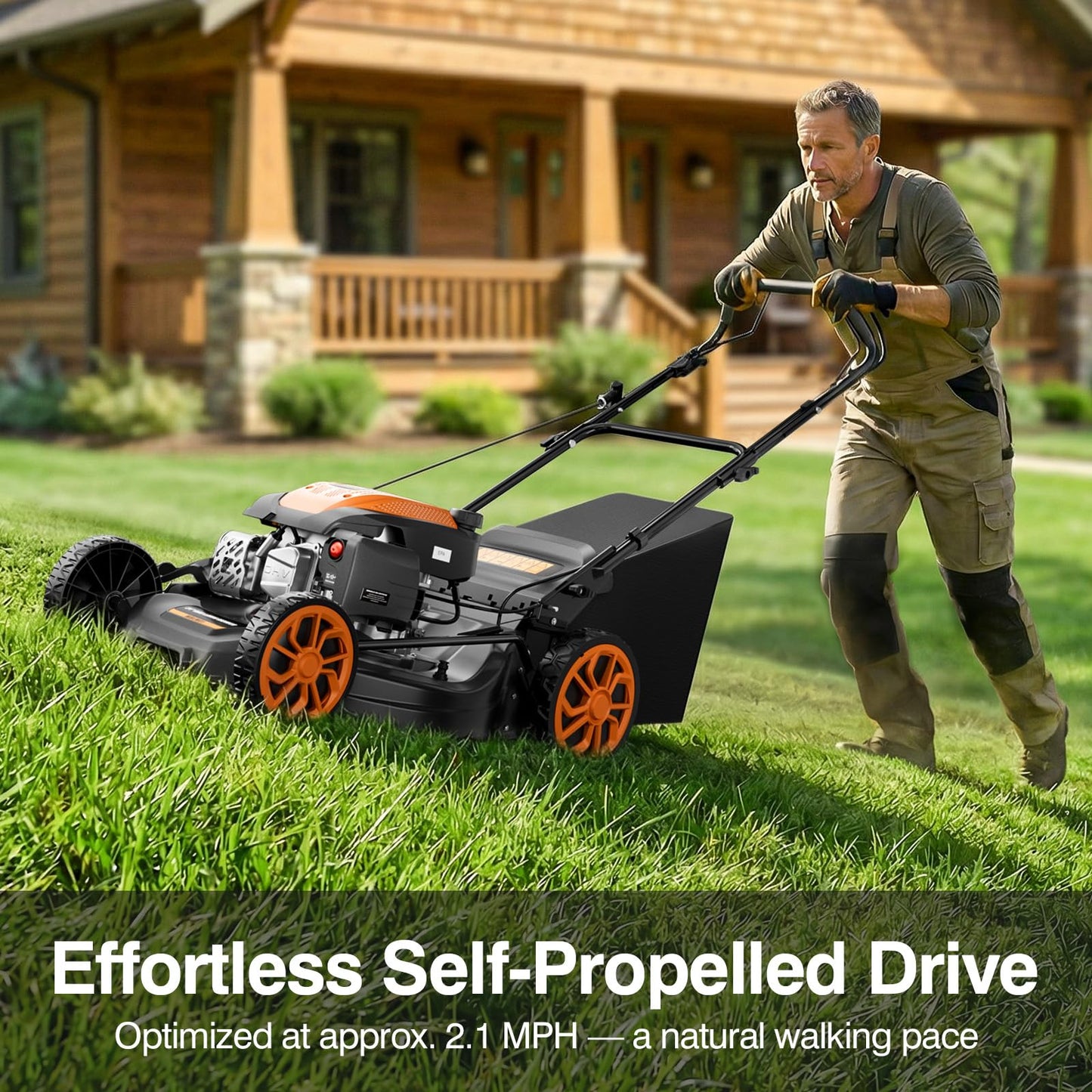 21” Self Propelled Lawn Mower Gas, 170CC 4-IN-1 Mulch/Rear Bag/Side Discharge/Rear Discharge, Walk-Behind Gas Lawnmower with 7-Position Cutting Height, Foldable Gas Powered Lawn Mowers for Lawn Garden