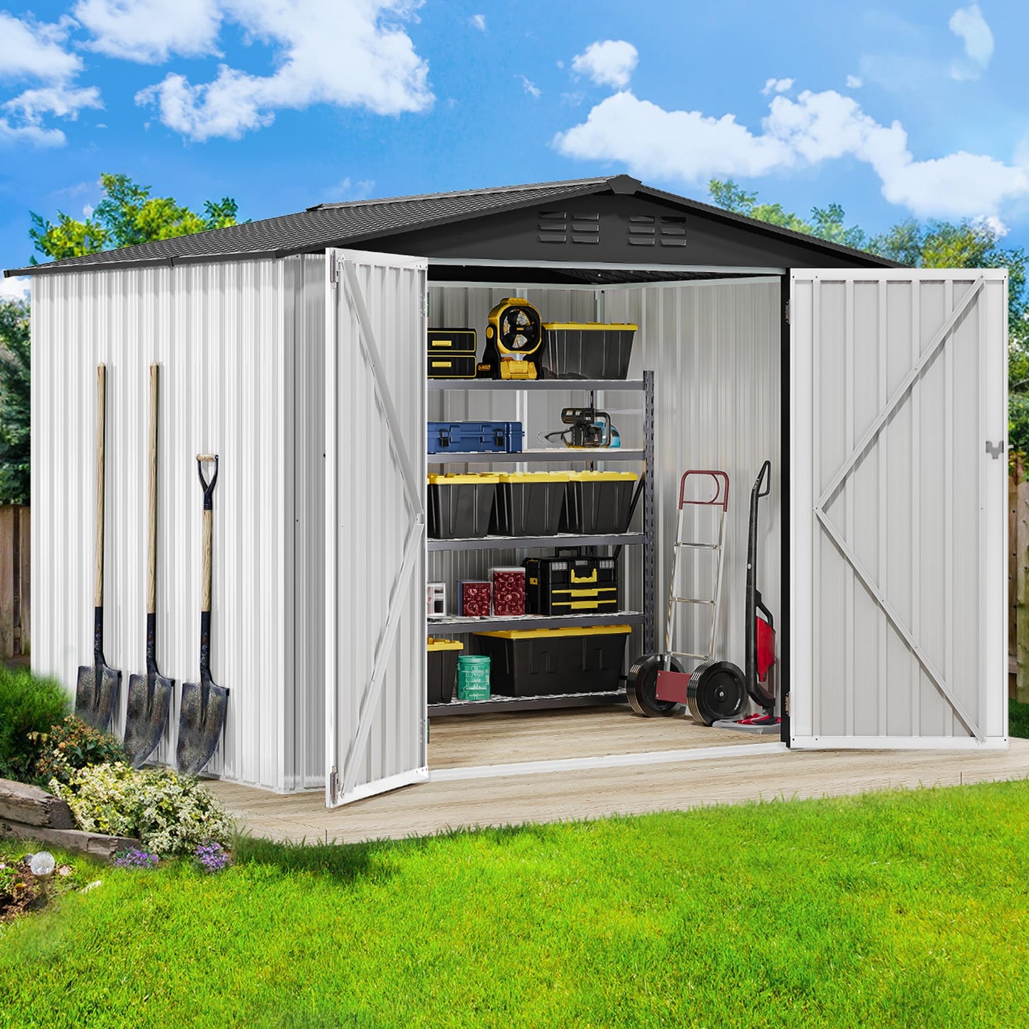 DWVO 7x5ft Metal Outdoor Storage Shed, Waterproof Tool Shed Heavy-Duty Storage Unit with Lockable Door and Vents, Ideal for Bicycles, Tools, Lawnmowers, Backyards, Patios, Lawns - White