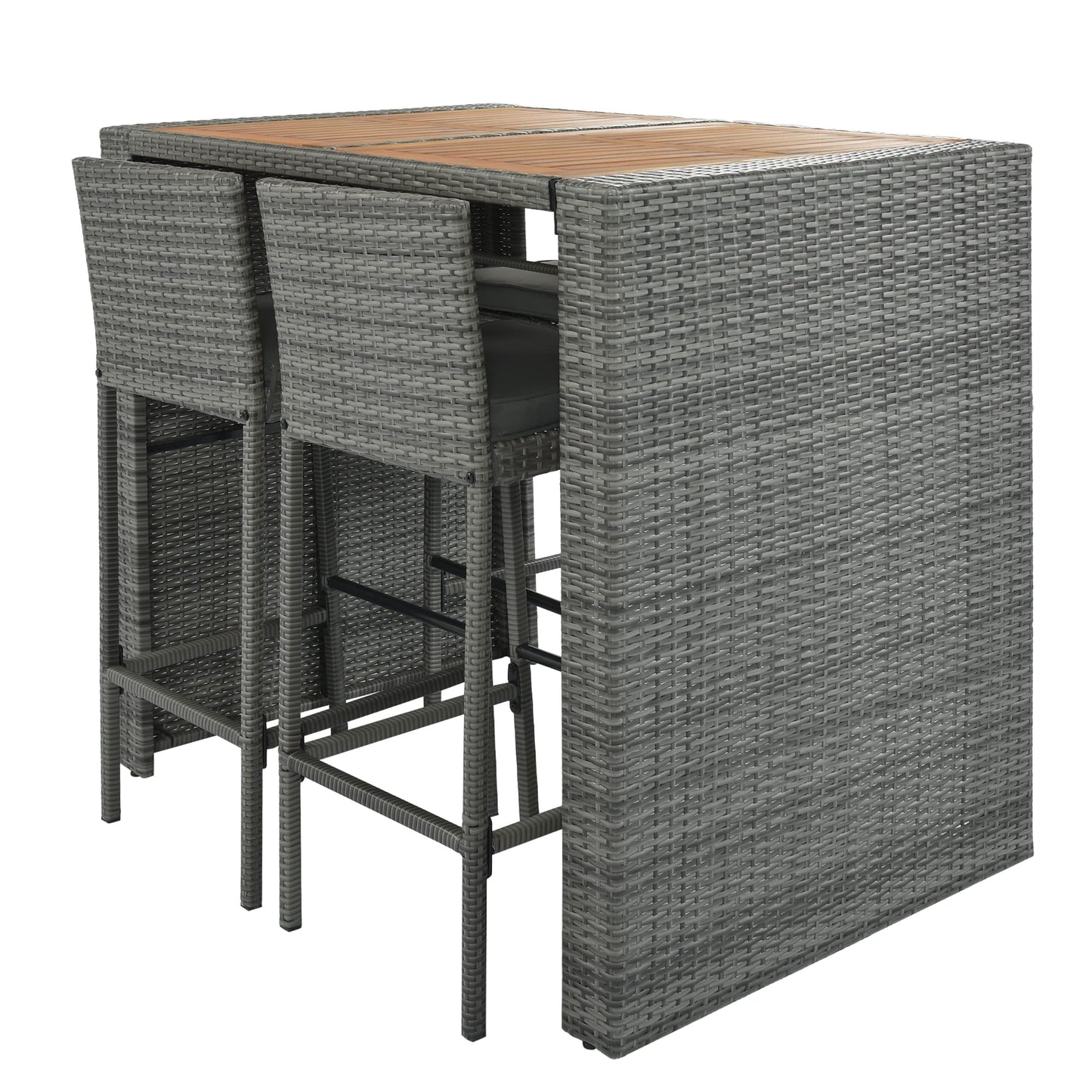 Merax 5 Pieces Outdoor Patio Wicker Bar Set, 4 Bar Height Chairs with Nonslip Feet and Gray Removable Cushion, Dining Table with Brown Acacia Wood Top and Gray Wicker