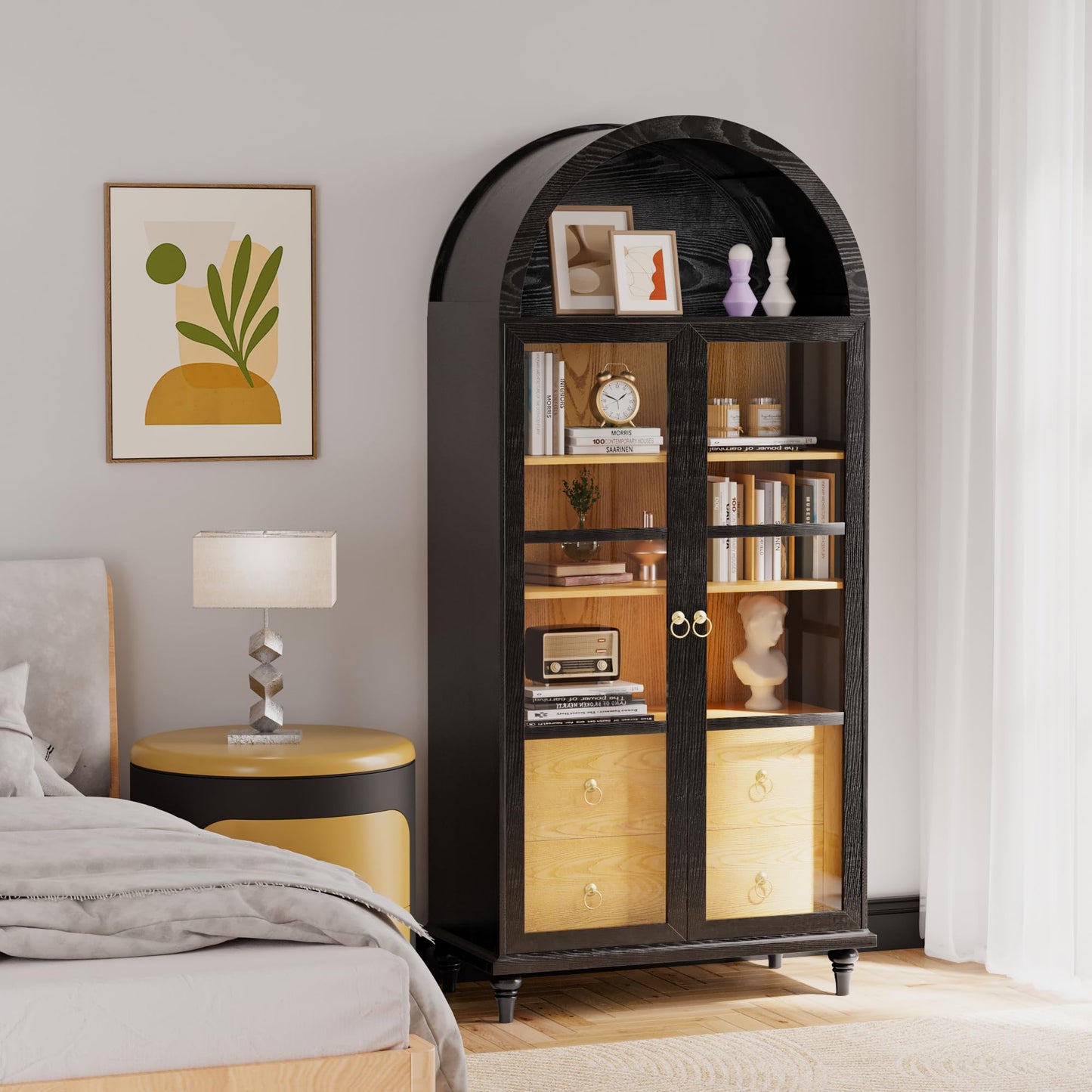 YESHOMY Kitchen Pantry Cabinet, 71" Arched Storage Cabinets Tall Pantry, Bookshelf, with Large Drawers, Shelves and Glass Doors, Farmhouse Cupboard, for Living Room, Dining Room(Black)