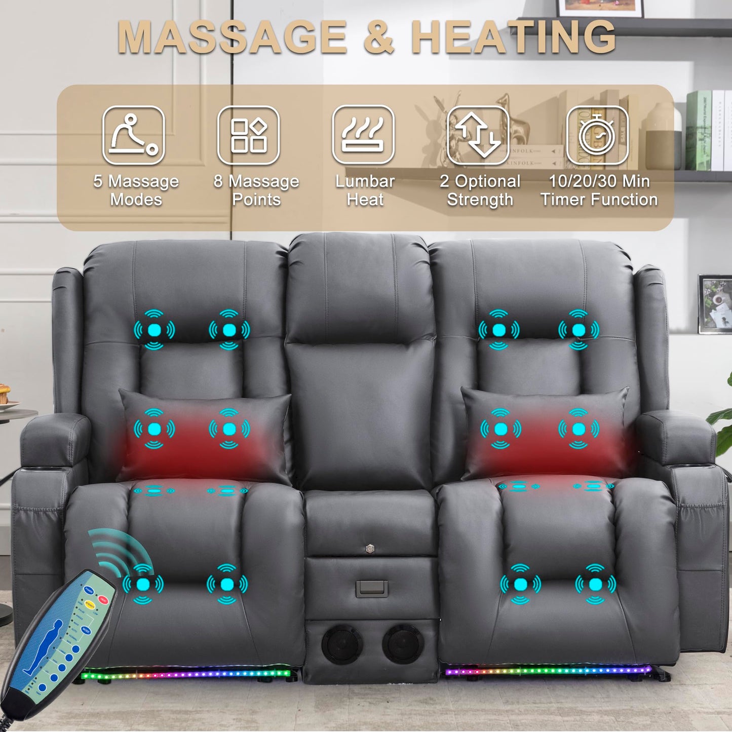 URRED Power Loveseat Recliner Sofa with Massage and Heat, Wall Hugger Reclining Loveseat with Console, RV Couch Home Theater Seating with LED Lights for Living Room (Ash Gray, 67" - 2 Seats)