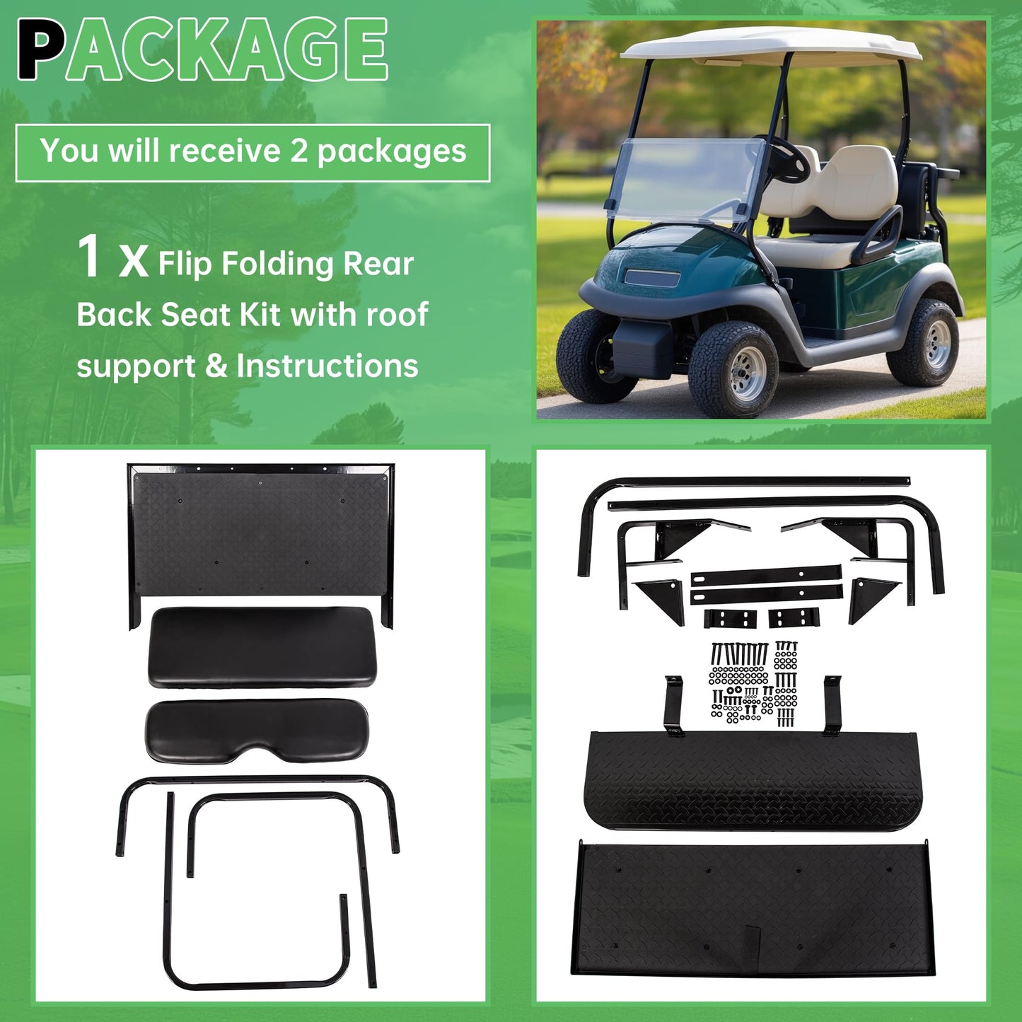 ECOTRIC Flip Folding Rear Back Seat Kit Compatible with 1995-Up EZGO TXT Golf Cart w/ roof support - You Will Receive 2 Packages