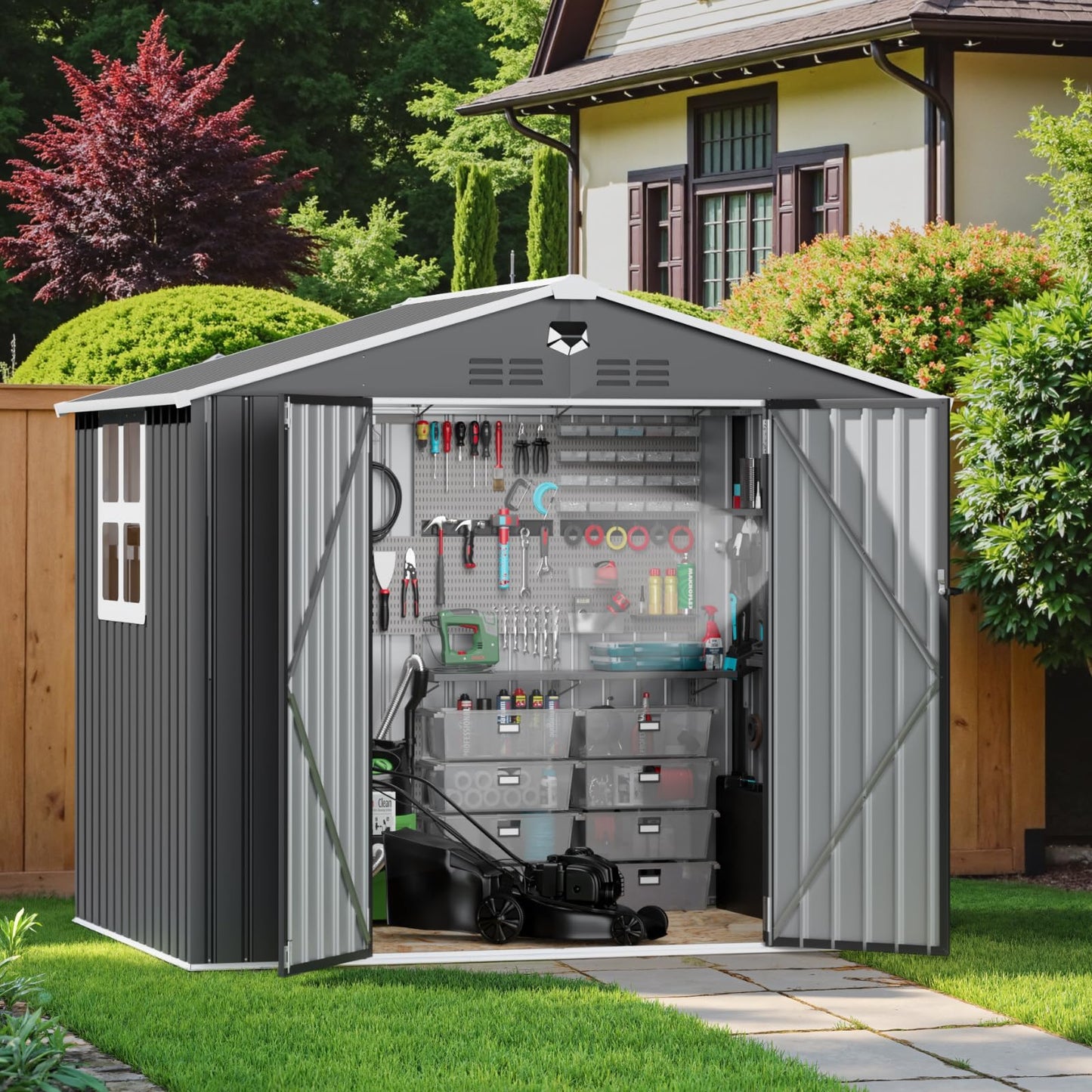 8x6FT Metal Storage Shed with Window,Outdoor Storage Building,Large Backyard Sheds