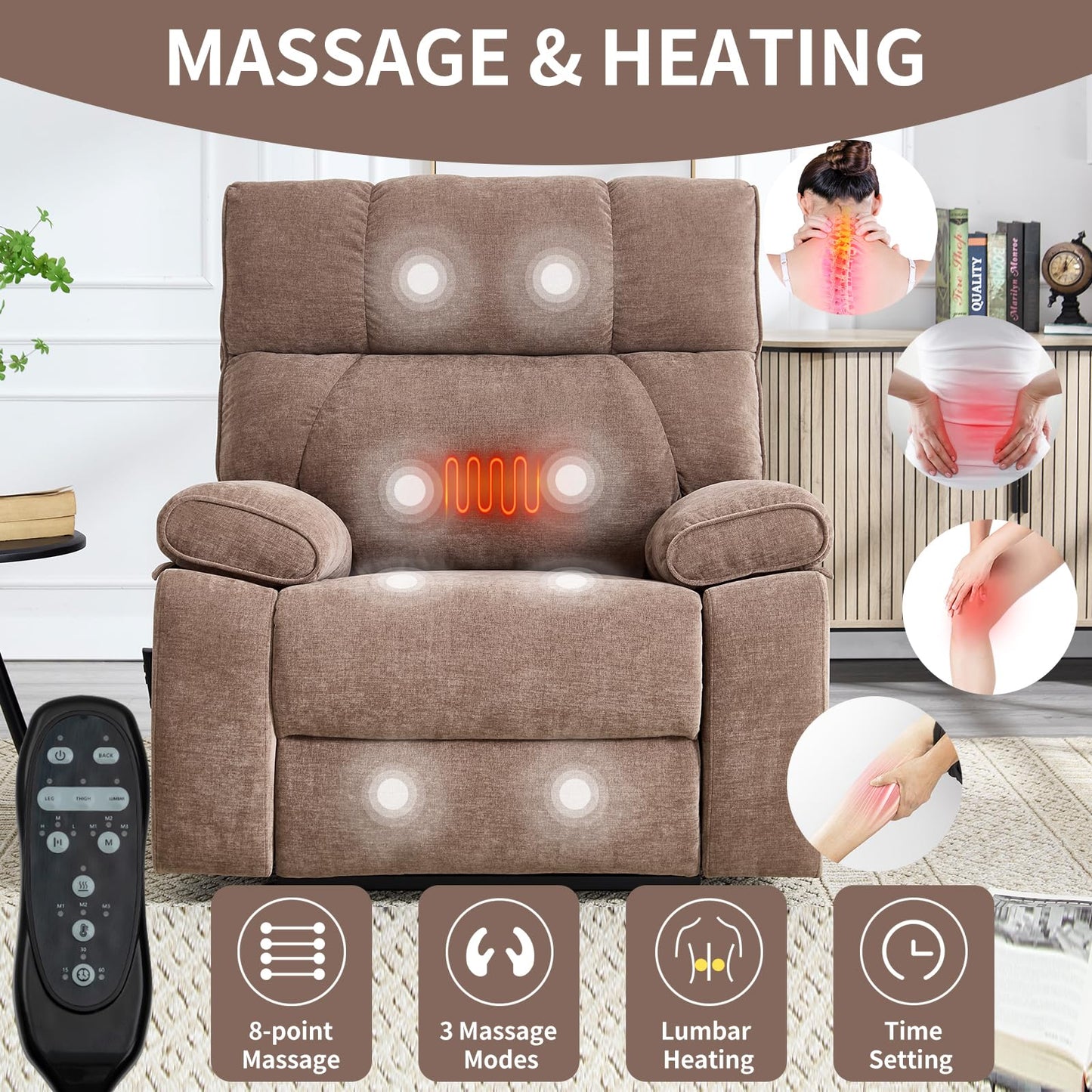 KEIKI Chenille Electric Power Lift Recliner Chair with Heat Massage, Hidden Cup Holders & Timer Function, Elderly Lazy Boy Sofa Seating for Home Theater, Infinite Position, Dual Motor, Up to 350 LBS