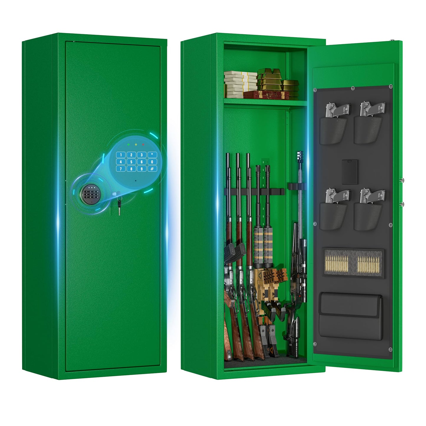 Greenvelly 14-16 Gun Safe for Rifles and Pistols, Rifle Safe with Keyboard Lock, Gun Cabinet for Rifles and Shotguns, Quick Access Fireproof Gun Safe with Pocket and Gun Rack for Home, Green