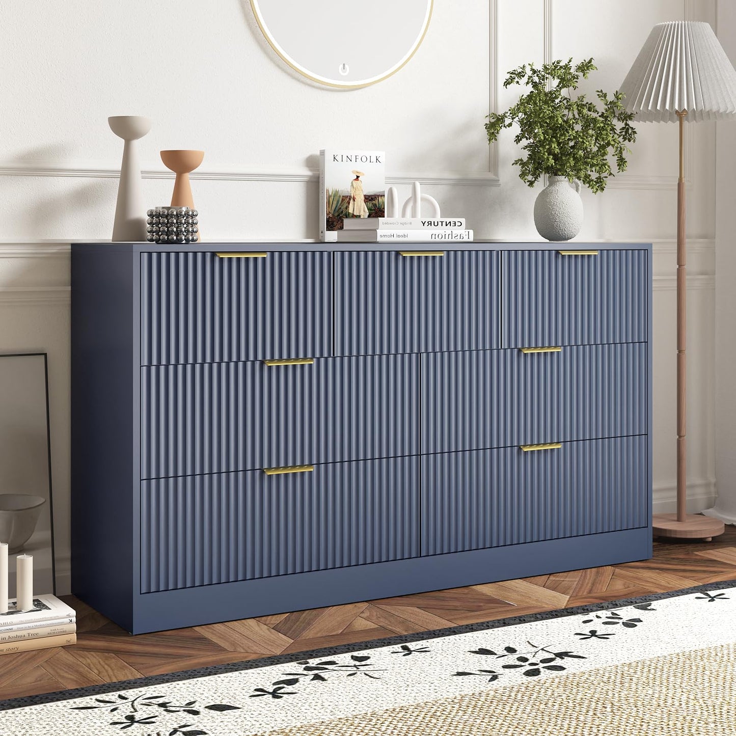 Sscaktu 7 Drawers Dresser for Bedroom,55" Wide Fluted Dresser with Deep Drawers, Modern Chest of Drawers, Wood TV Stand Storage Organizer for Closet, Living Room, Hallway, Blue