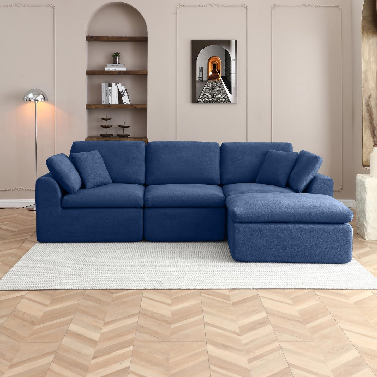111-Inch L-Shaped Modular Boneless Cloud Sectional Sofa 4 Seat Floor Foam Sofa Couches Deep Seat with Ottoman,Comfy Fabric Upholstered 4 PCS Compressed Cloud Couch