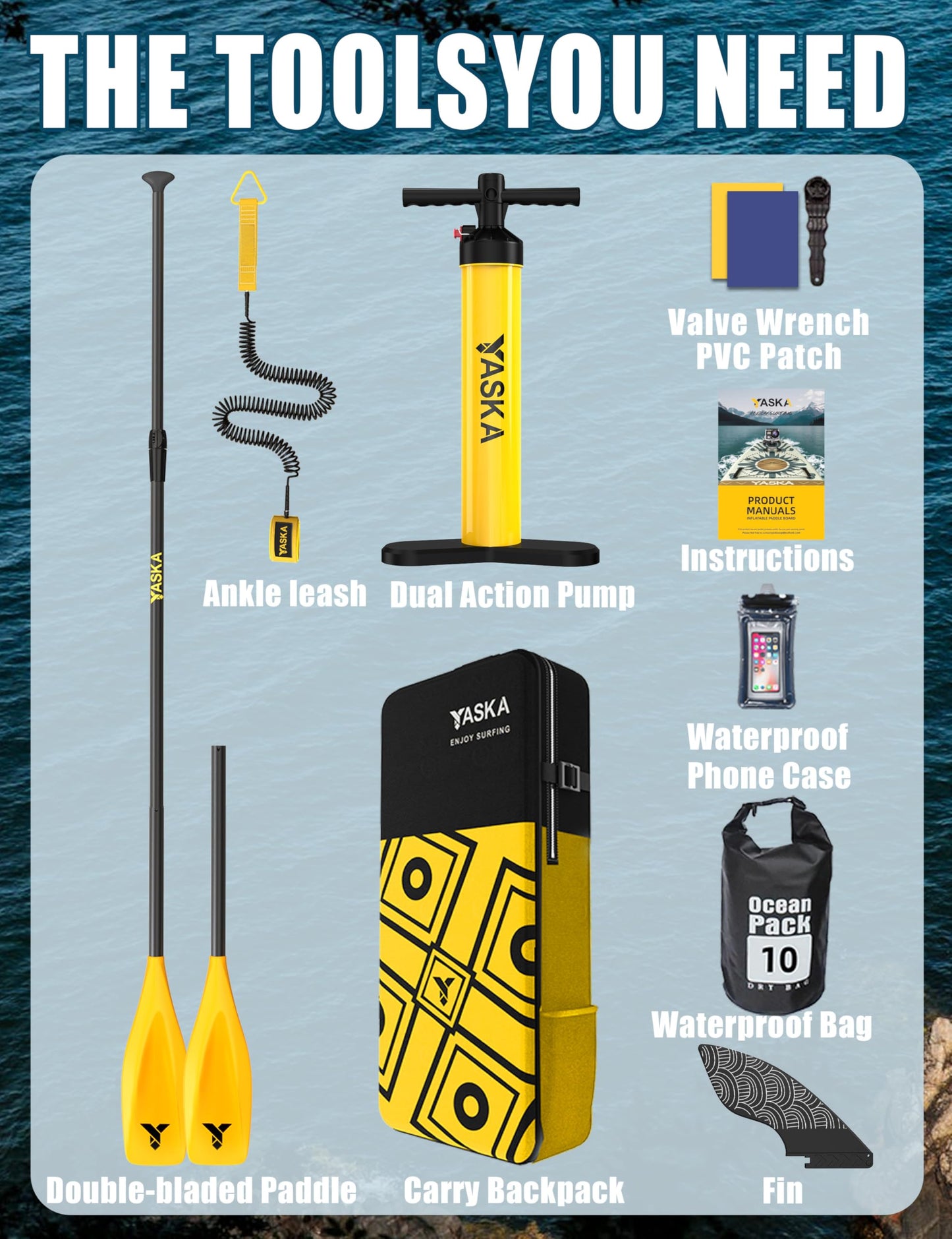 YASKA Inflatable Stand up Paddle Board 11ft with Premium SUP Accessories,Extra Wide Design Non-Slip Paddleboard for Beginner Adults Advenor Yoga Fishing