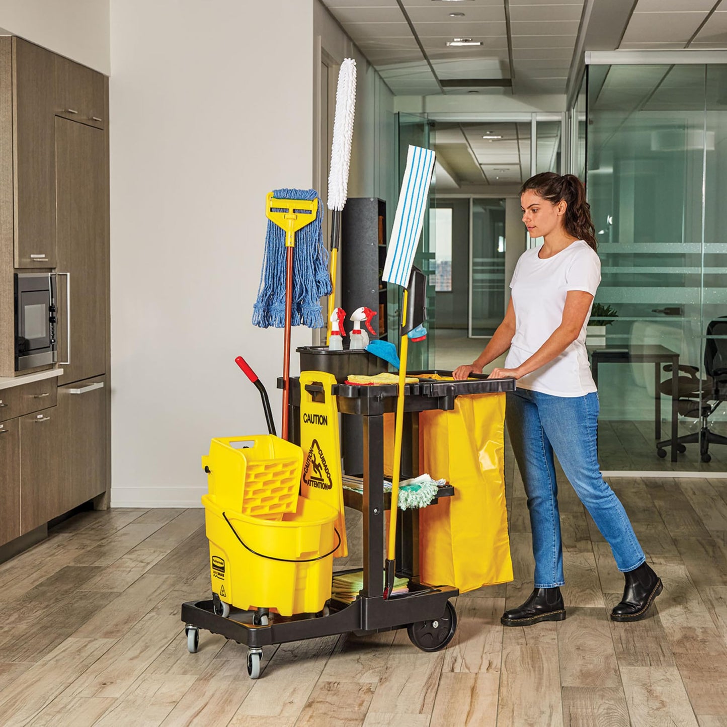 Rubbermaid Commercial Traditional Janitorial 3-Shelf Cleaning Cart, Wheeled with Zippered Yellow Vinyl Bag, for Business/School/Office/Janatorial Cleaning