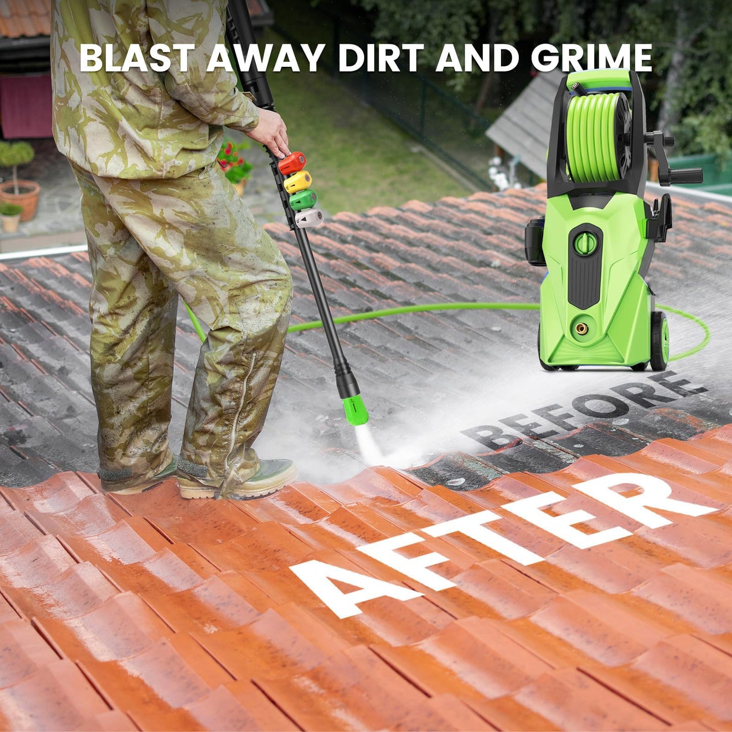 Commowner Pressure Washer 5001PSI Power Washers Powered with 33ft Pressure Hose, 4 Nozzle and Foam Cannon, powerwashers for Home, Cars, Fences, Patio, Green