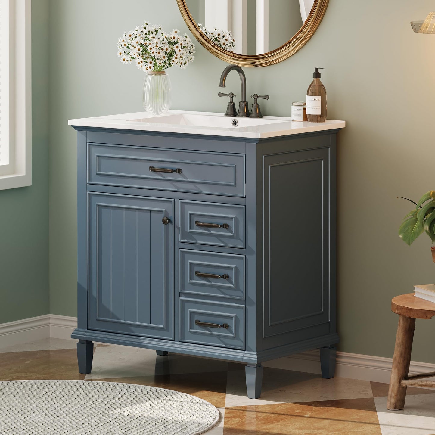 Bathroom Vanity with Ceramic Sink Top Set 30inch, Cabinet with Two Tip-Out Drawers and Door Rack, Adjustable Shelf, Solid Wood Legs, Soft-Closing Door, Gray Blue