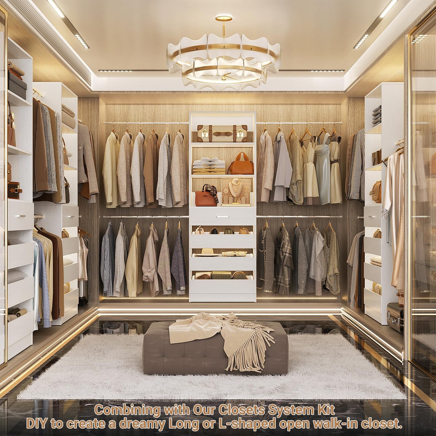 Aheaplus Closet System, 4-9Ft Closet Organizer with 4 Wooden Drawers, Wood Closet Organizer System with Tower, Walk-in Closet Organizer Wardrobe Clothes Rack with 4 Hanging Rods, Garment Rack, White