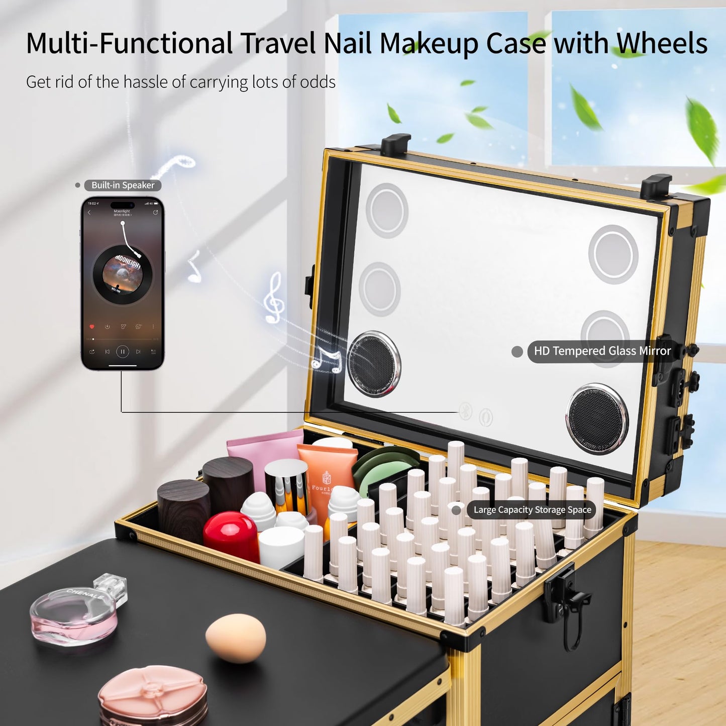 ZhenGuiRu Portable Manicure Table 3 Drawers, Rolling Lockable Makeup Train Case with Blueteeth Speaker and Nail Polish Organizer, Foldable Nail Desk with Mirror & TSA Lock for Nail Tech and Salon Use