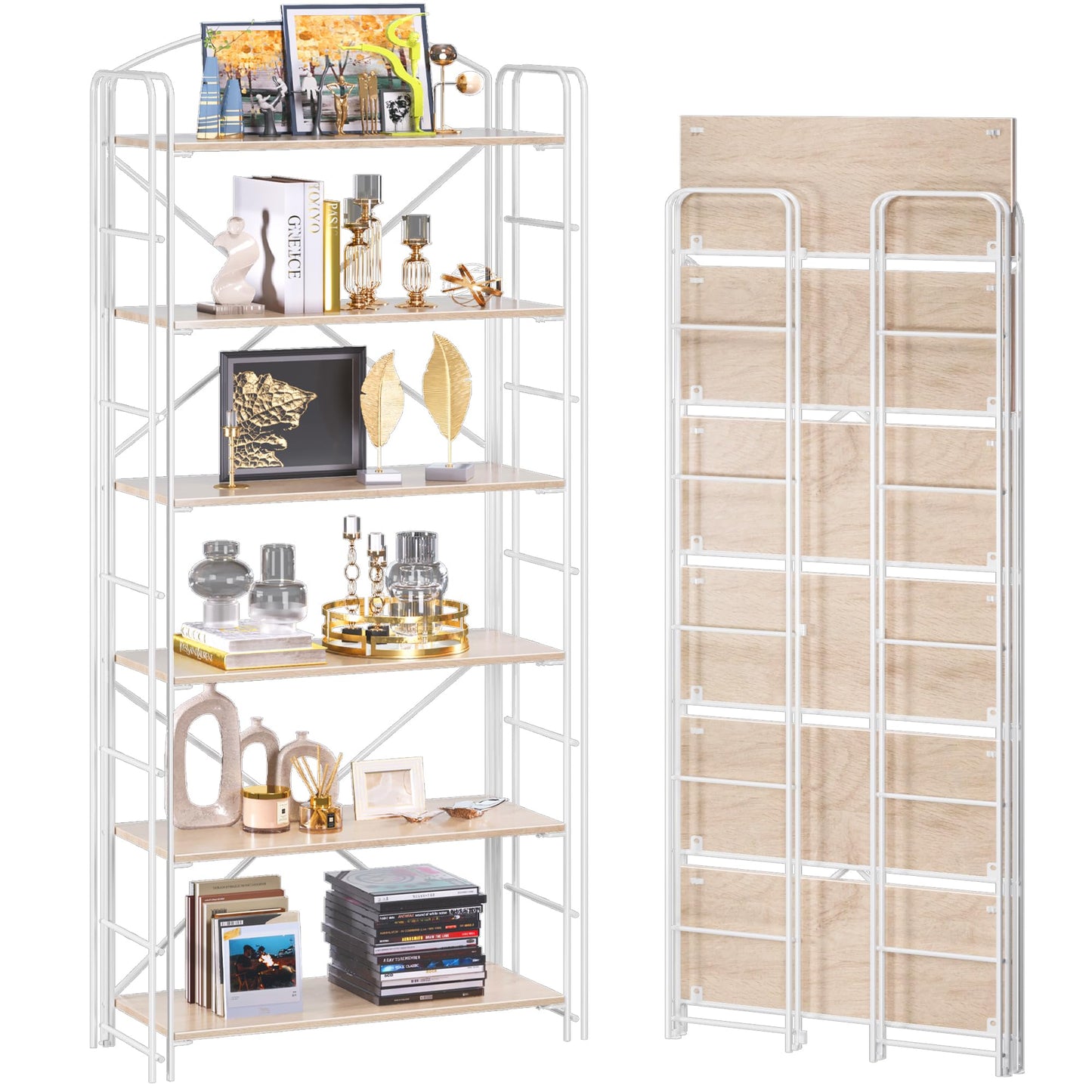 UDD Folding Bookshelf No Assembly, 65" H x 23.7" W, 6 Shelf Foldable Bookcase Industrial Collapsible Bookshelves, Open Storage Book Shelves for Small Spaces Home Office Living Room, Light Oak White