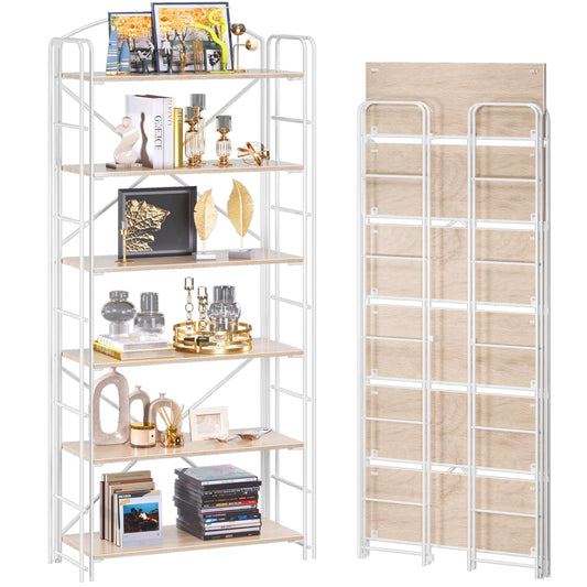 UDD Folding Bookshelf No Assembly, 65" H x 23.7" W, 6 Shelf Foldable Bookcase Industrial Collapsible Bookshelves, Open Storage Book Shelves for Small Spaces Home Office Living Room, Light Oak White