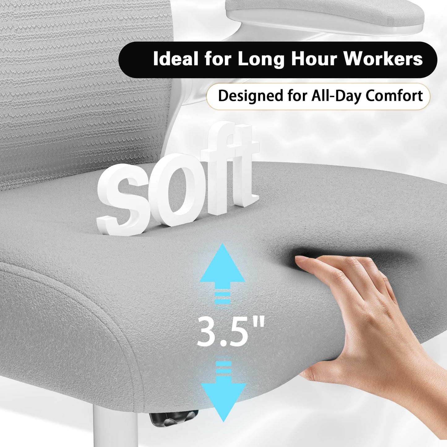 Ergonomic Office Chair for Back & Neck Pain Relief, Virgin Foam Seat, 2D Adjustable Lumbar & 3D Headrest, Tilt & Rock for Relaxation, Ideal for Long Sitting Comfort, Gray/Silver