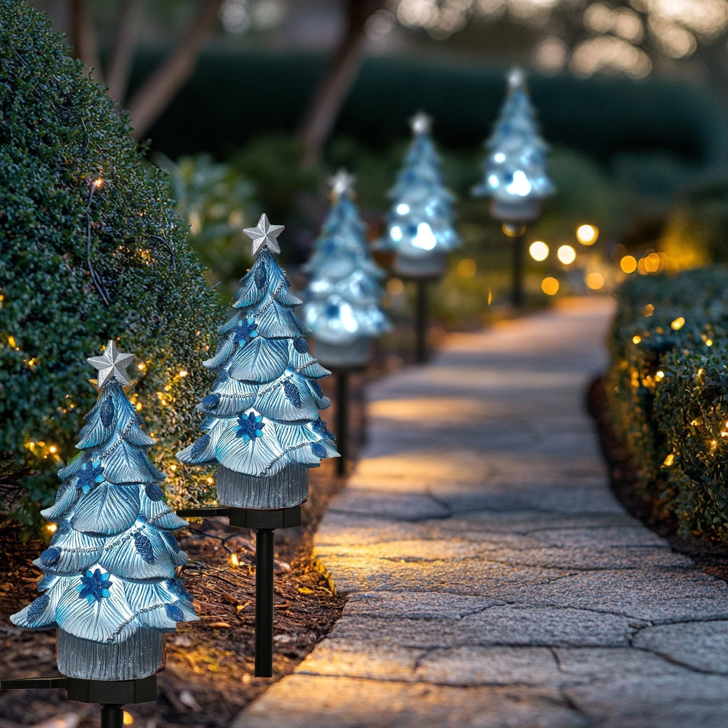 Dazzle Bright Solar Powered Fairy Garden Lights, Resin Xmas Tree Pathway Stakes, Blue, 2 Pack