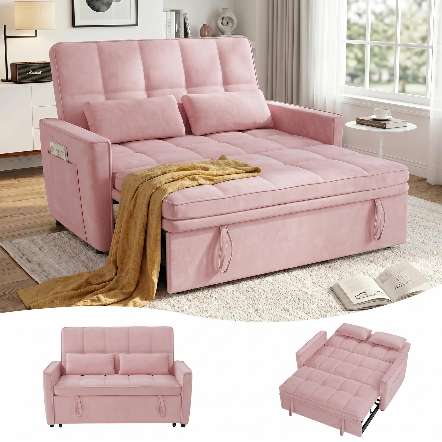 tiramisubest 54'' Sleeper Sofa Bed, Convertible Pull Out Couch Futon for for Living Room,Apartment (Pink, Loveseat) Side Pockets, Velvet Fabric, Adjustable Backrest, Pull-Out Bed, Easy Assembly