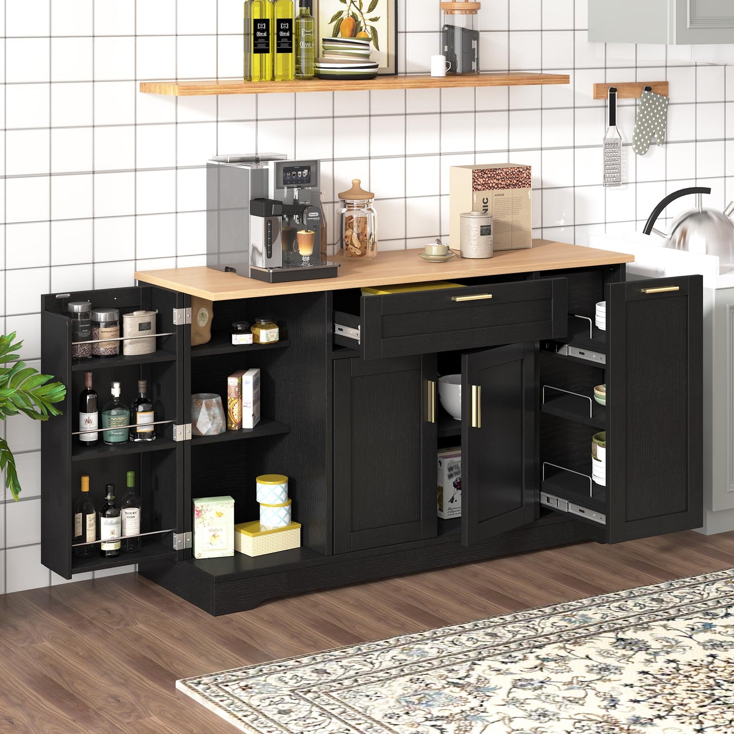 GDFStudio Buffet Cabinet with 3-Tier Pull-Out Rack, Adjustable Shelves, Multi-Functional Storage Cabinet Sideboard Coffee Bar Cabinet, Kitchen Island Storage for Dining Room Living Room, Black