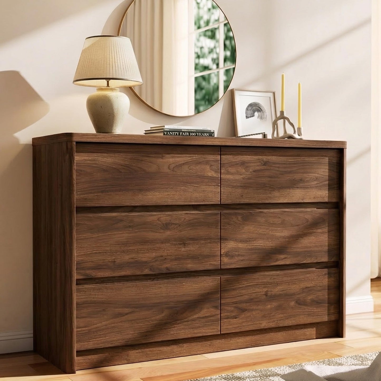 Now Mais 6 Drawer Walnut Dresser for Bedroom, 47.2" Wide Modern Chest of Drawers with 6 Large Storage Space with Curved Edge Design, Large Dresser for Bedroom,Walnut
