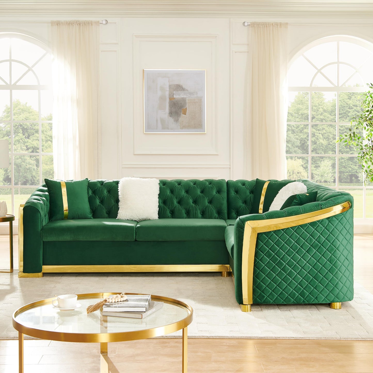 KEIKI 106" L-Shaped Luxury Velvet Chesterfield Sectional Sofa with Gold Stainless Steel Accents and 5 Pillows, Mid-Century Oversized 5-Seater Button Tufted Couch, Easy Assembly, for Living Room, Green