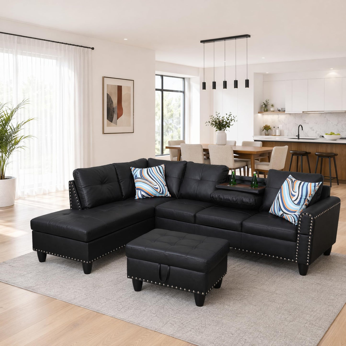 Trygoal 97.5" L-Shaped Modular Sectional Sofa with Movable Chaise & Storage Ottoman, 3 Piece Convertible Leather Couch, 4 Seat Gloss Black Living Room Furniture Set for Apartment Home Office