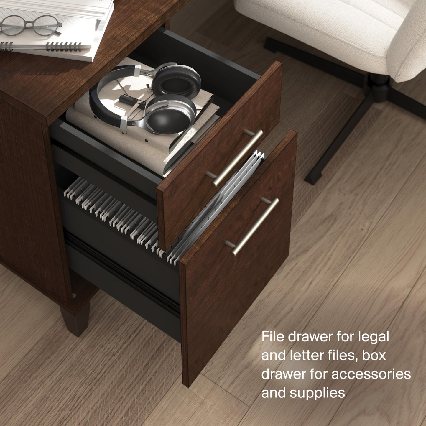 Bush Home 60-Inch Office Desk with Drawers, Computer Desk with File and Box Drawers, Home Office Workstation with Storage Cabinet, Writing Desk Furniture, Somerset Collection, Mocha Cherry