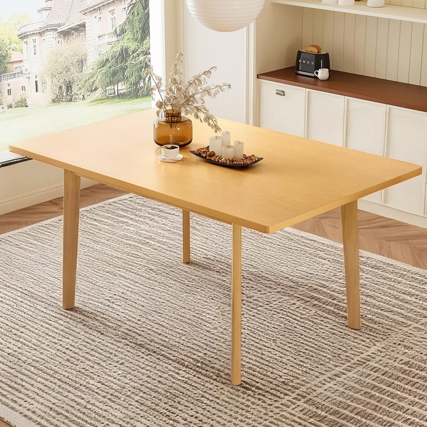 Merax 60" Rustic Farmhouse Dining Table, Minimalist Modern Solid Wood Frame Dining Table for Kitchen, Living Room, Natural