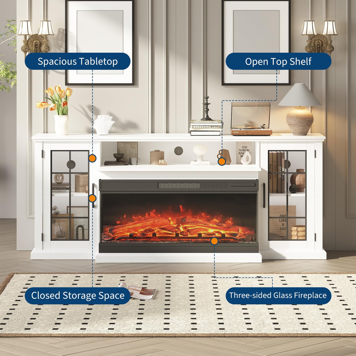 Fireplace TV Stand, 75'' TV Stand with 40" Fireplace, Electric Fireplace Heater, Entertainment Center with Frame and LED Light Colors, TV Console Cabinet