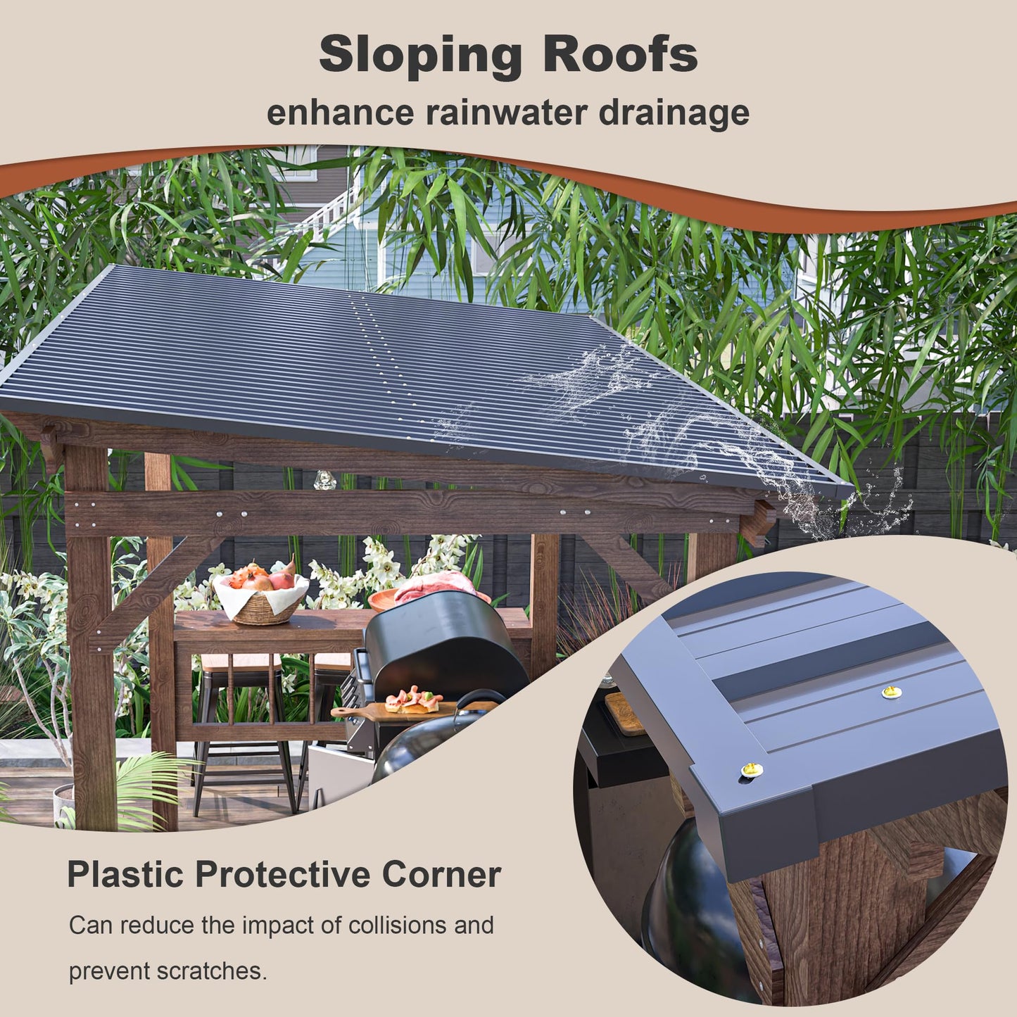 YOPTO 13x6.5 FT Outdoor Wooden Pergola Grill Gazebo with Metal Roof & Bulbs,Waterproof Garden Canopy W/Bar Counters,for Patio,Backyard,Swimming Pool,Brown