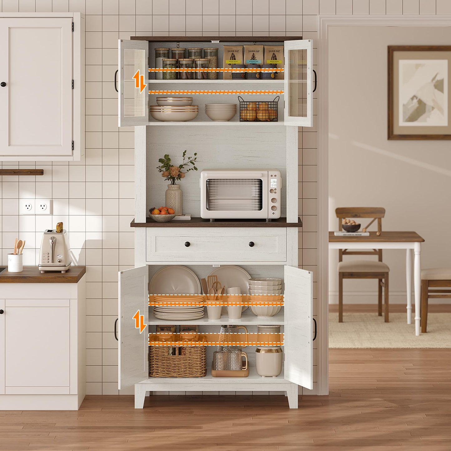 IDEALHOUSE Farmhouse Coffee Bar Cabinet with 2 Glass Doors, 72'' Pantry Storage Cabinet with Drawer, Microwave Stand with Metal Handle, Coffee Bar with Storage for Living Room, Light White
