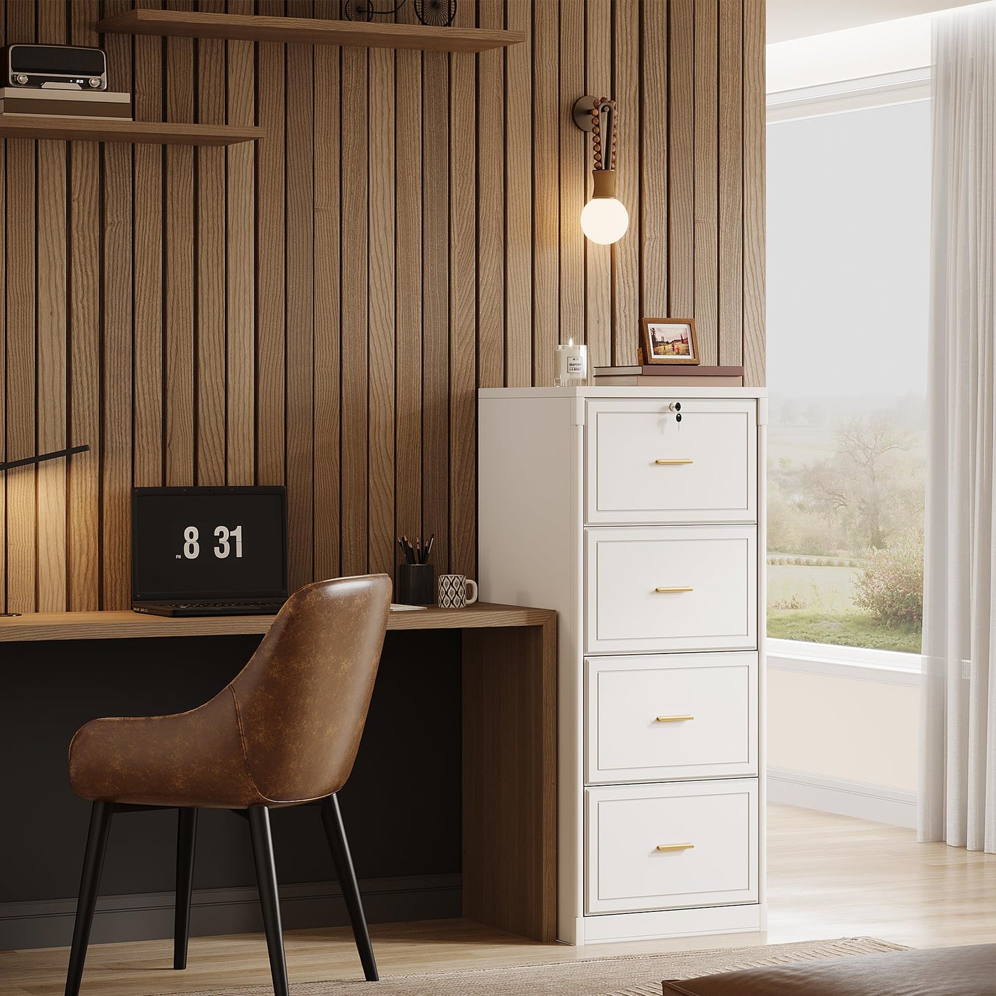 LITTLE TREE 4-Drawer File Cabinet with Lock, Large Vertical Storage Cabinet, Secure Space-Saver for Home Office, Compatible with A4/F4/Letter/Files, Filing Cabinets for Home Office (White, MDF)